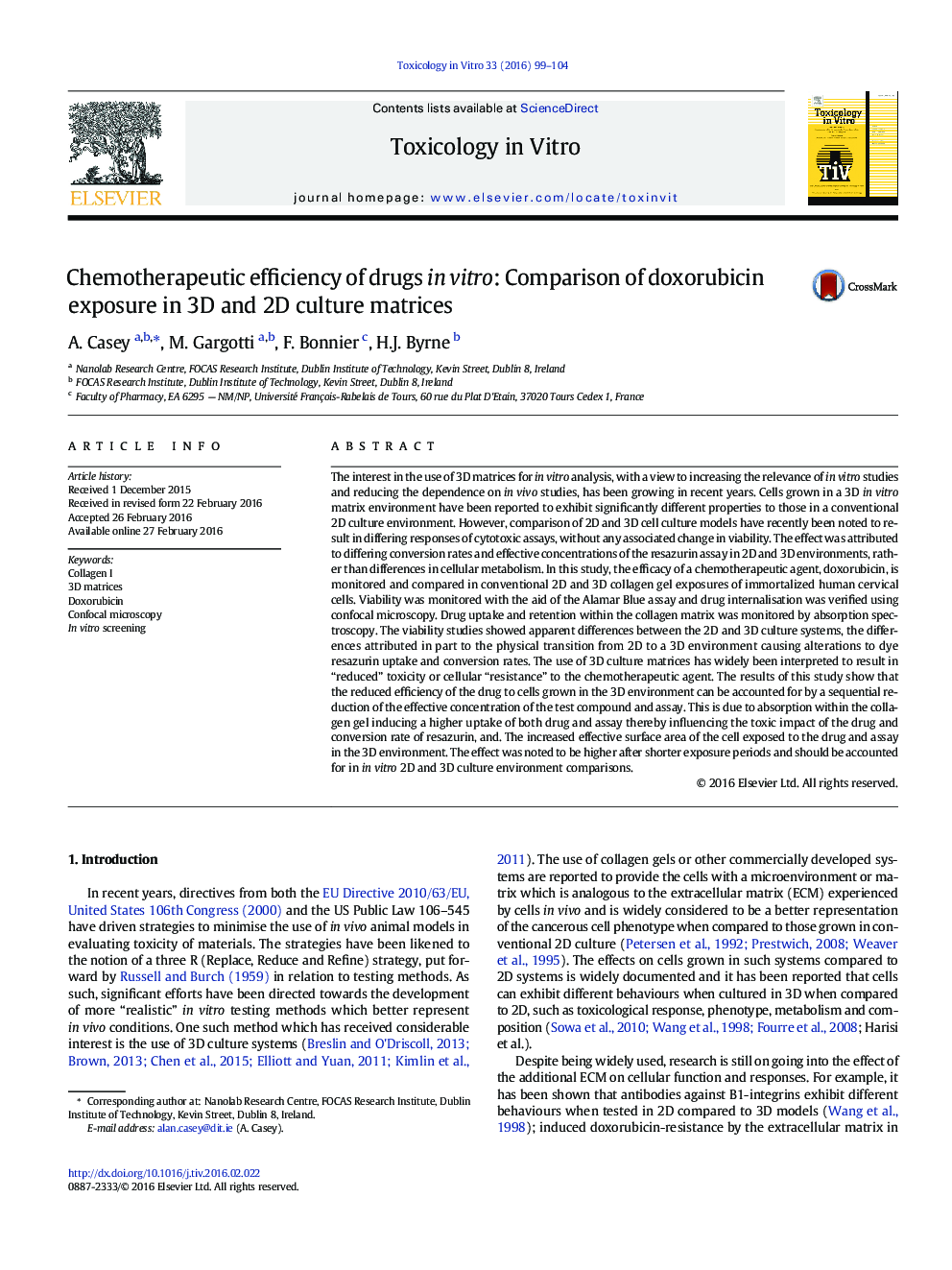 Chemotherapeutic efficiency of drugs in vitro: Comparison of doxorubicin exposure in 3D and 2D culture matrices