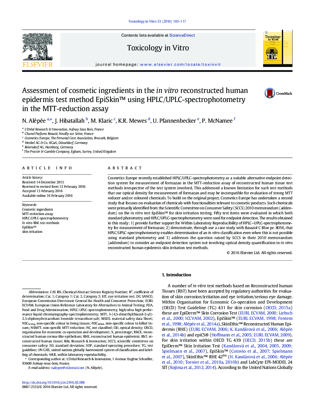Assessment of cosmetic ingredients in the in vitro reconstructed human epidermis test method EpiSkinâ¢ using HPLC/UPLC-spectrophotometry in the MTT-reduction assay