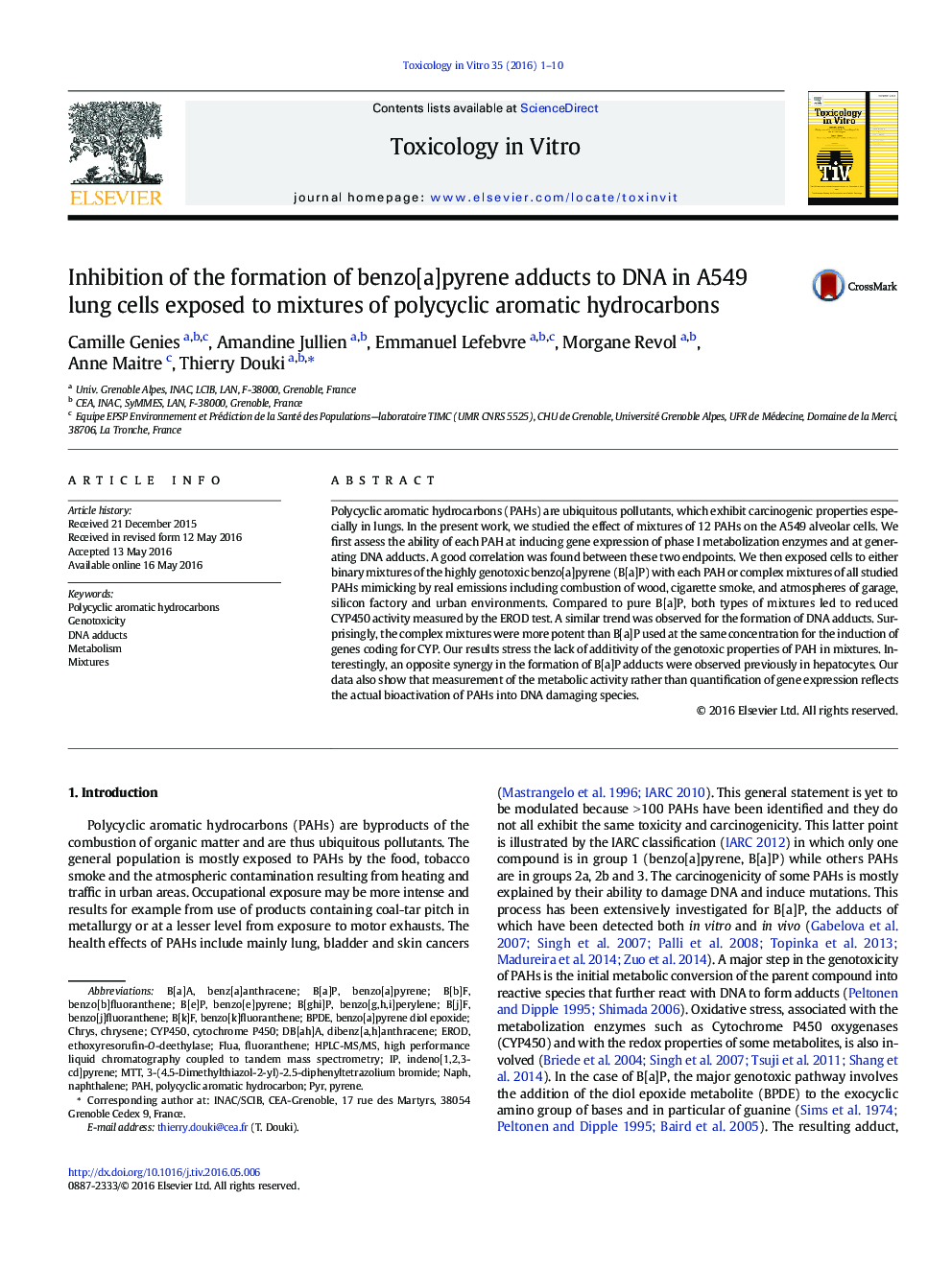 Inhibition of the formation of benzo[a]pyrene adducts to DNA in A549 lung cells exposed to mixtures of polycyclic aromatic hydrocarbons