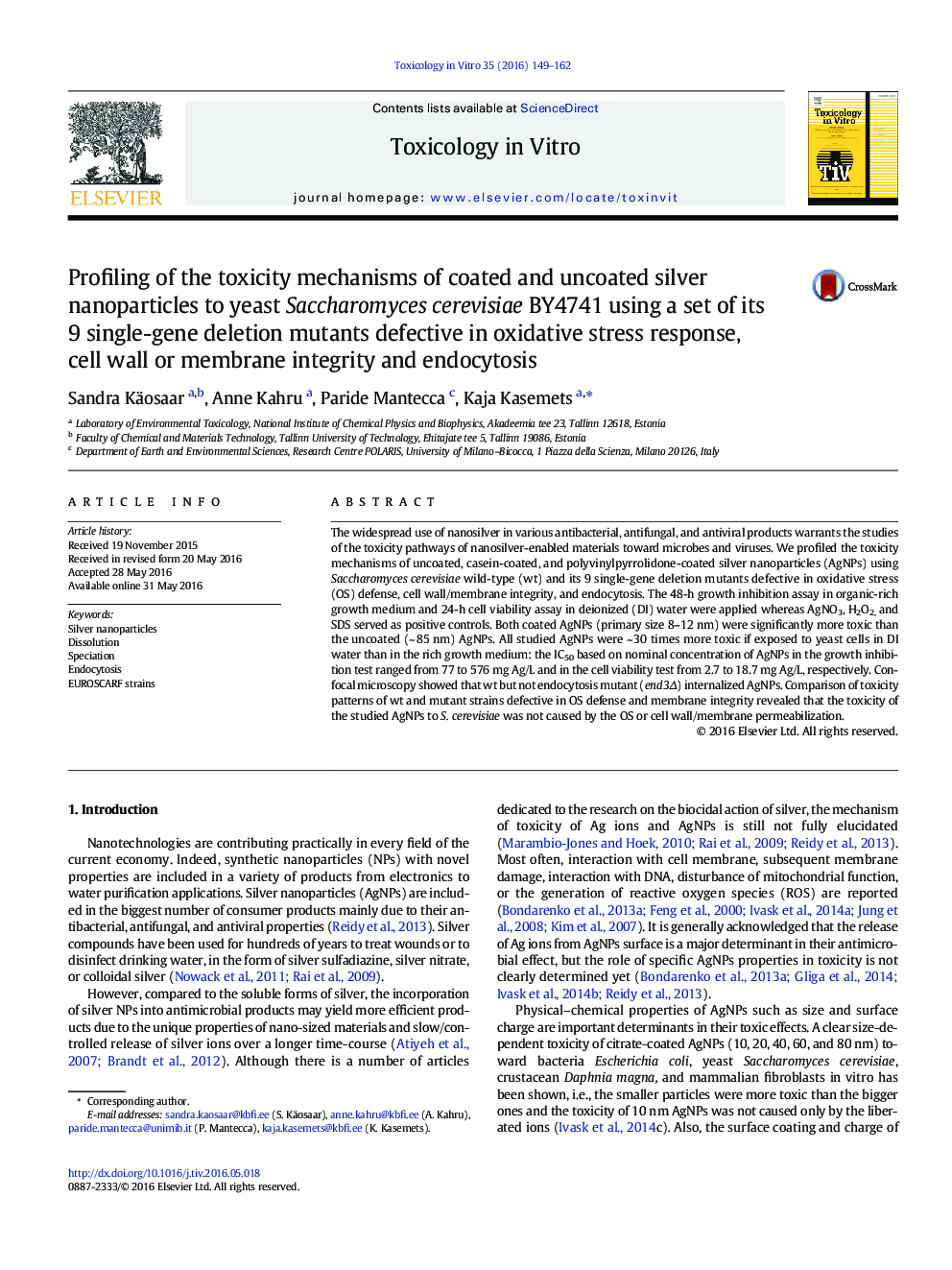 Profiling of the toxicity mechanisms of coated and uncoated silver nanoparticles to yeast Saccharomyces cerevisiae BY4741 using a set of its 9 single-gene deletion mutants defective in oxidative stress response, cell wall or membrane integrity and endocyt