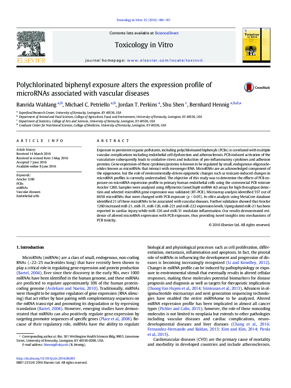 Polychlorinated biphenyl exposure alters the expression profile of microRNAs associated with vascular diseases