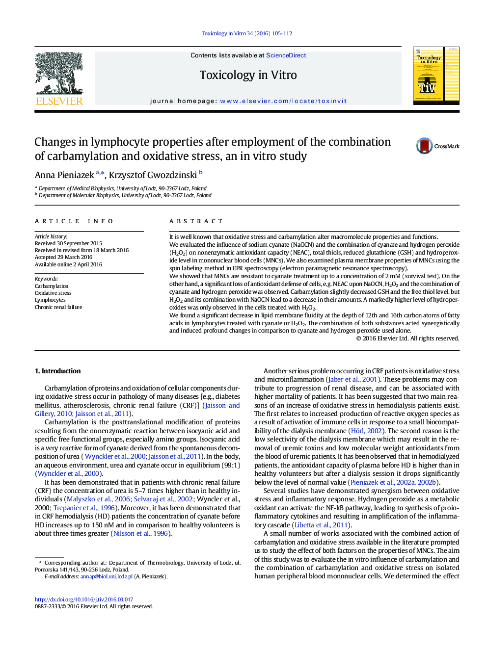 Changes in lymphocyte properties after employment of the combination of carbamylation and oxidative stress, an in vitro study