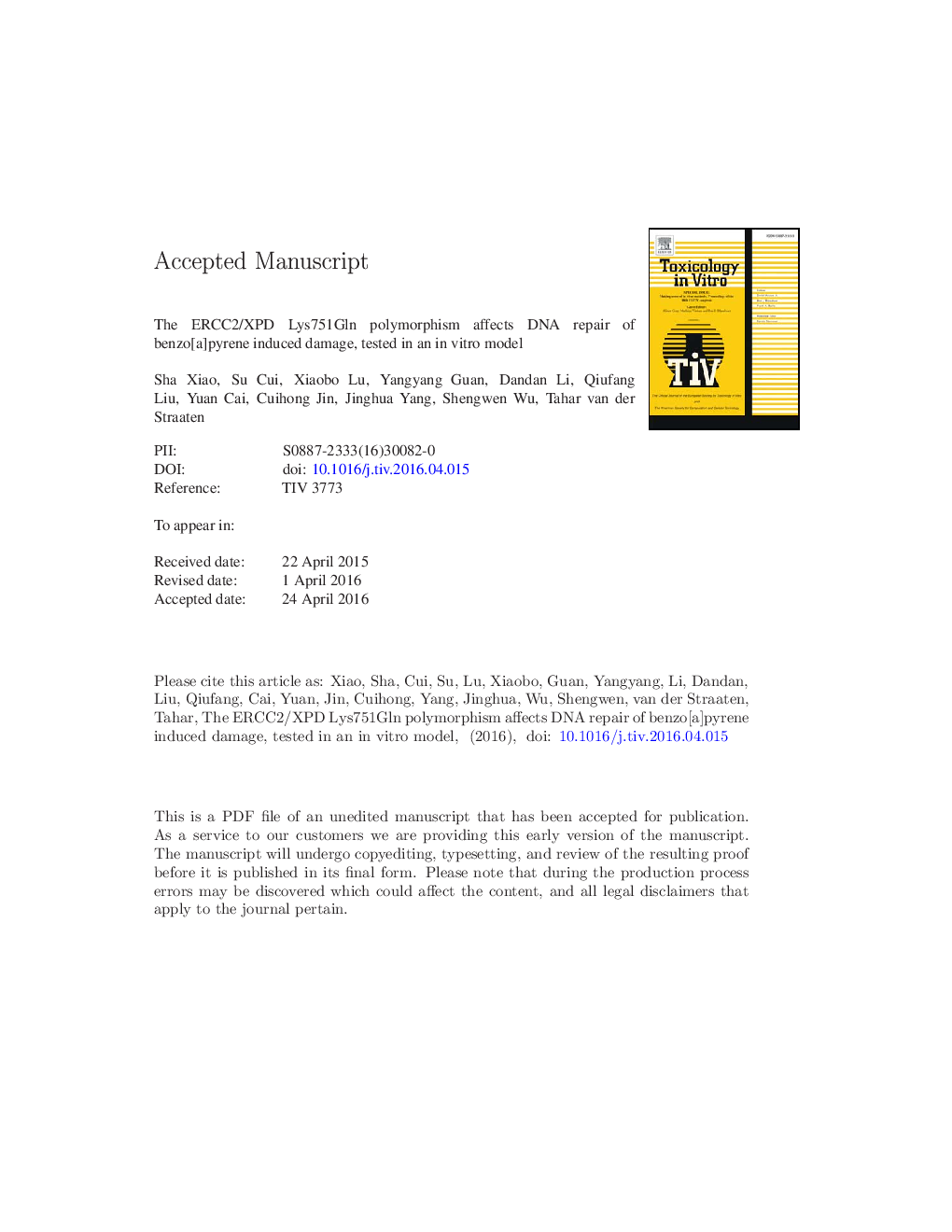 The ERCC2/XPD Lys751Gln polymorphism affects DNA repair of benzo[a]pyrene induced damage, tested in an in vitro model