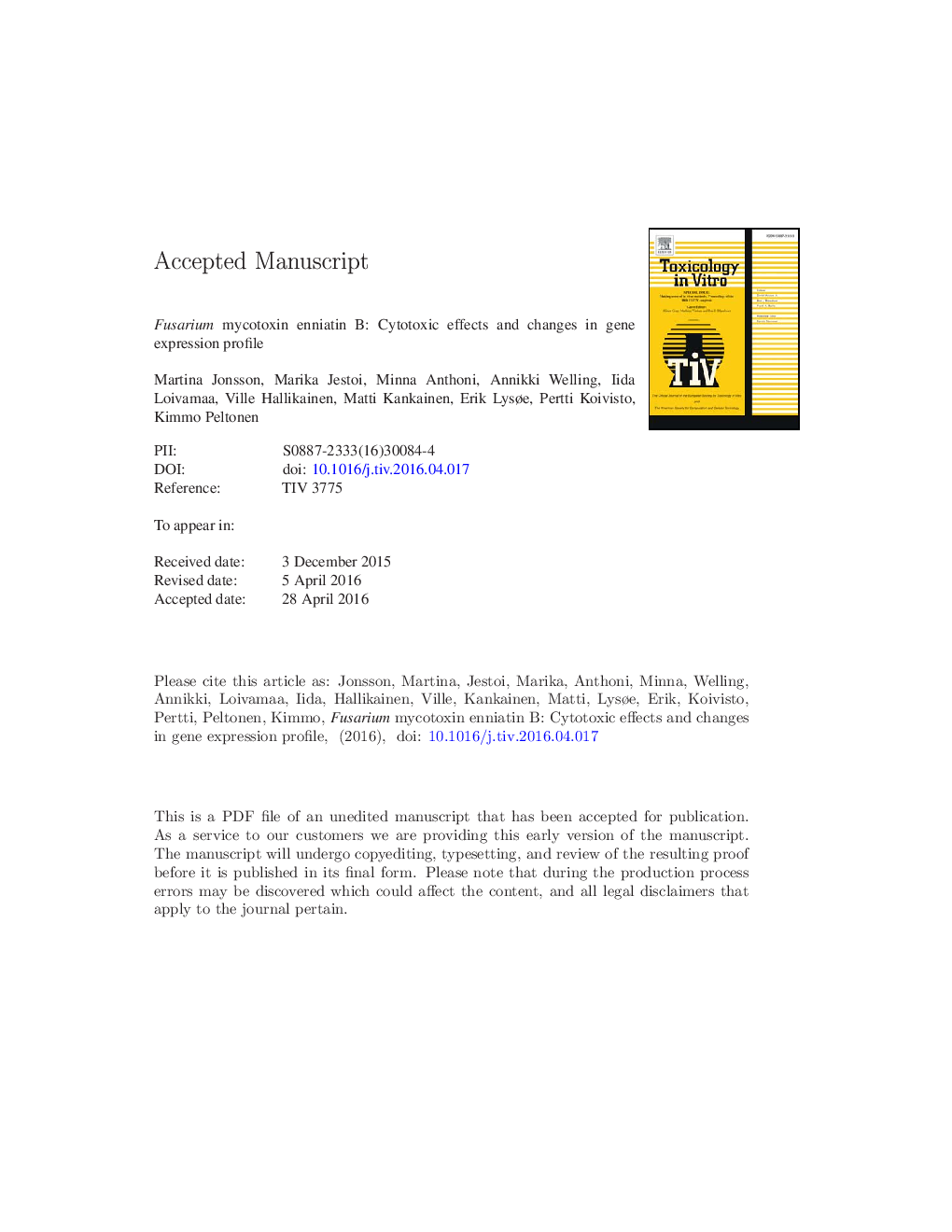 Fusarium mycotoxin enniatin B: Cytotoxic effects and changes in gene expression profile