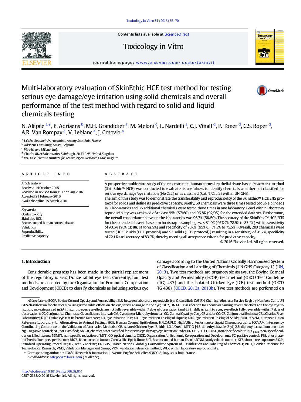 Multi-laboratory evaluation of SkinEthic HCE test method for testing serious eye damage/eye irritation using solid chemicals and overall performance of the test method with regard to solid and liquid chemicals testing