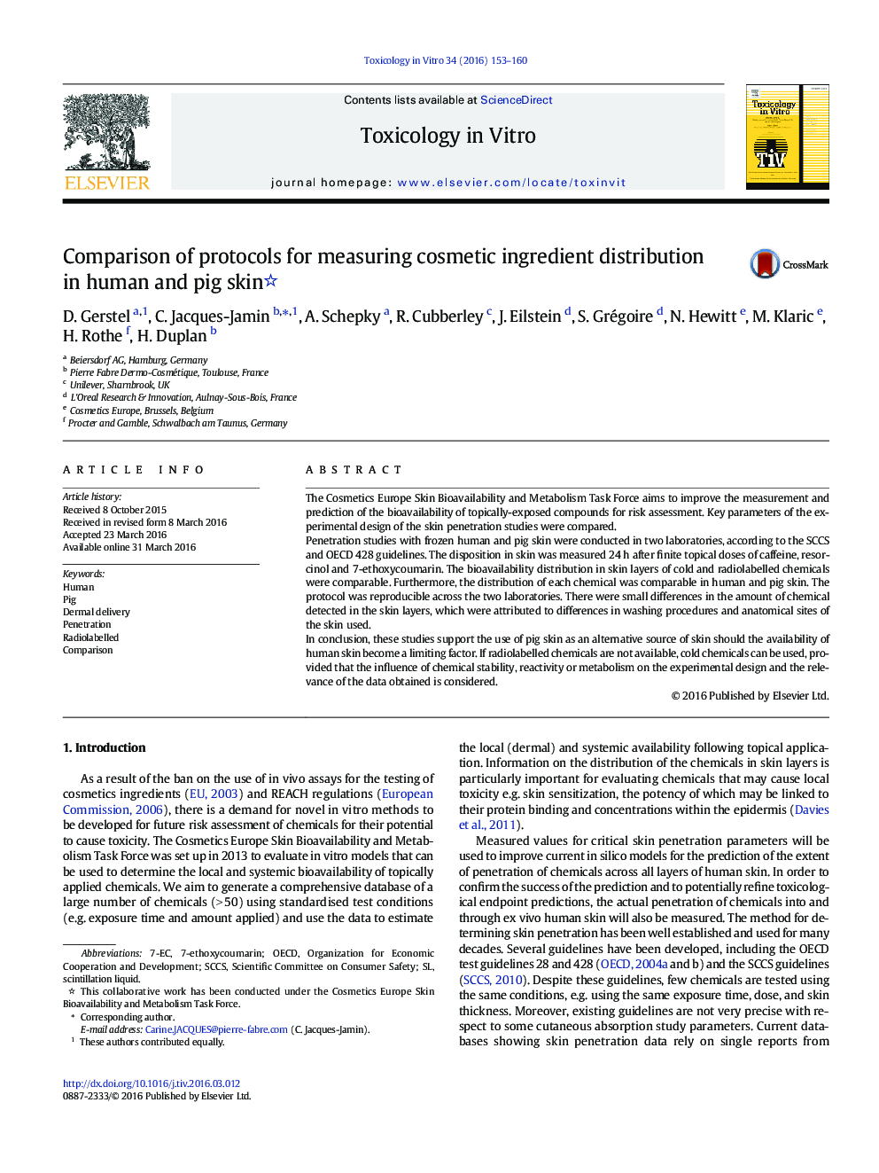 Comparison of protocols for measuring cosmetic ingredient distribution in human and pig skin