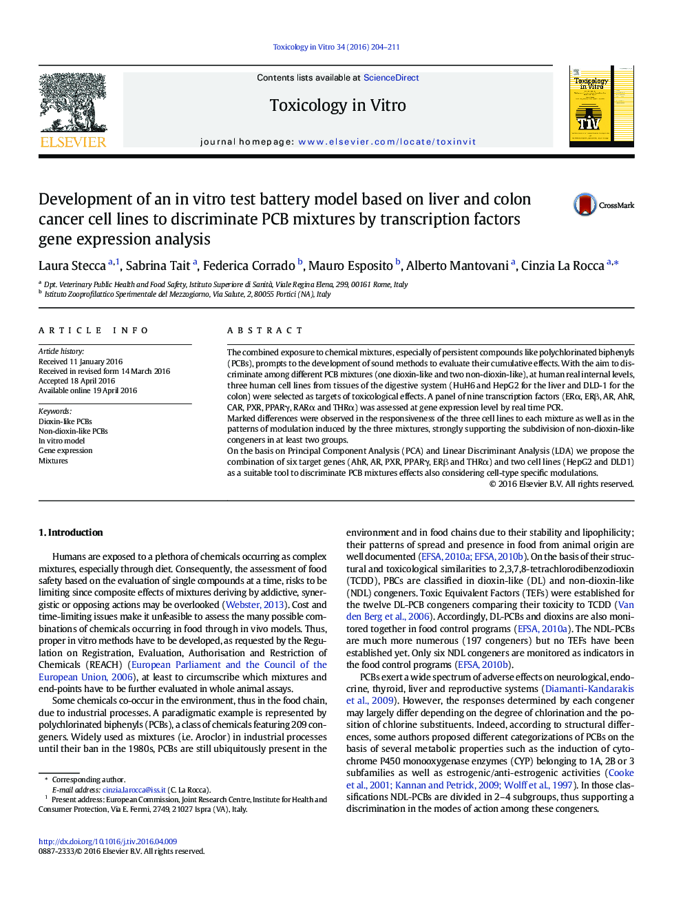 Development of an in vitro test battery model based on liver and colon cancer cell lines to discriminate PCB mixtures by transcription factors gene expression analysis