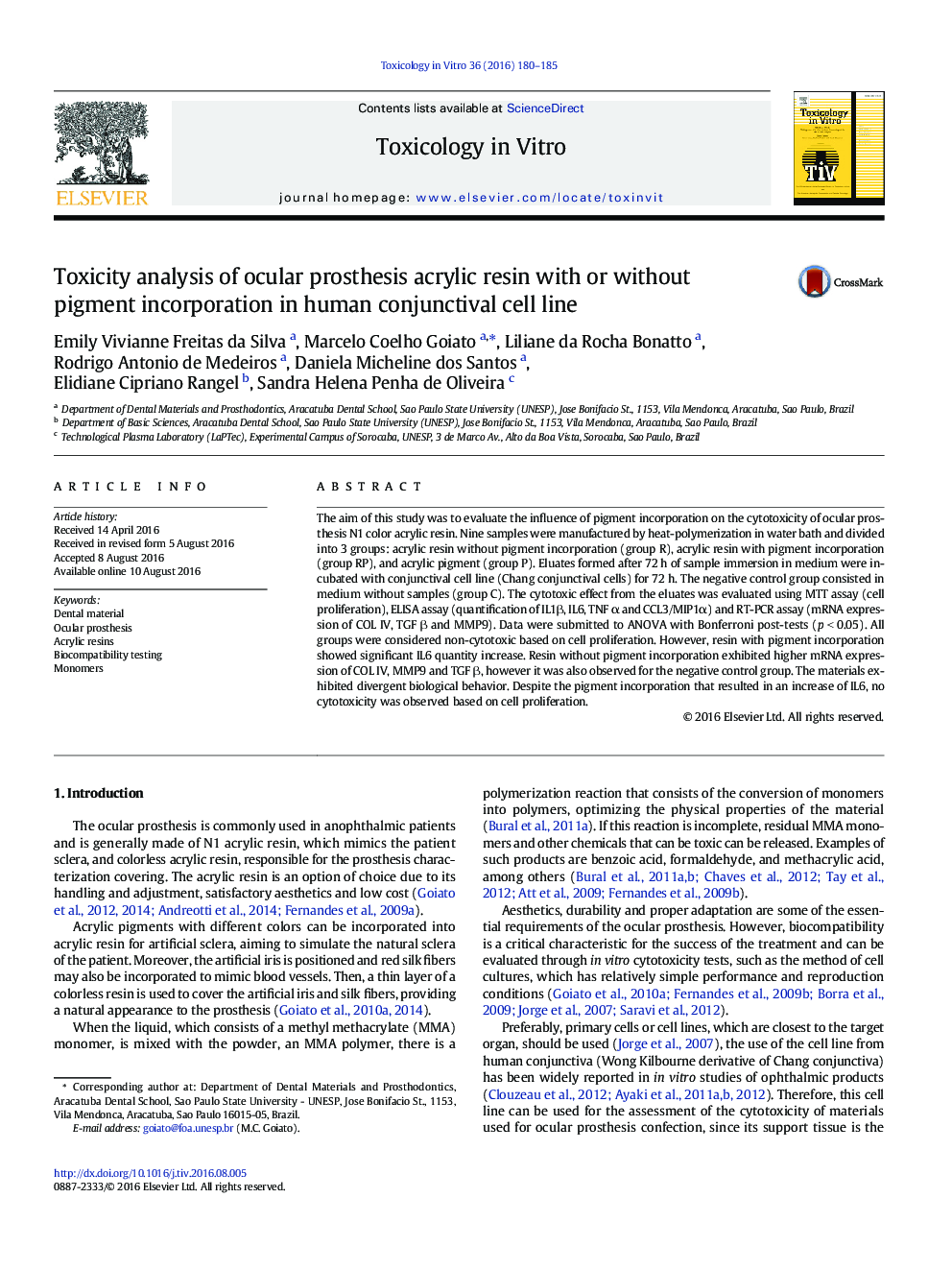 Toxicity analysis of ocular prosthesis acrylic resin with or without pigment incorporation in human conjunctival cell line