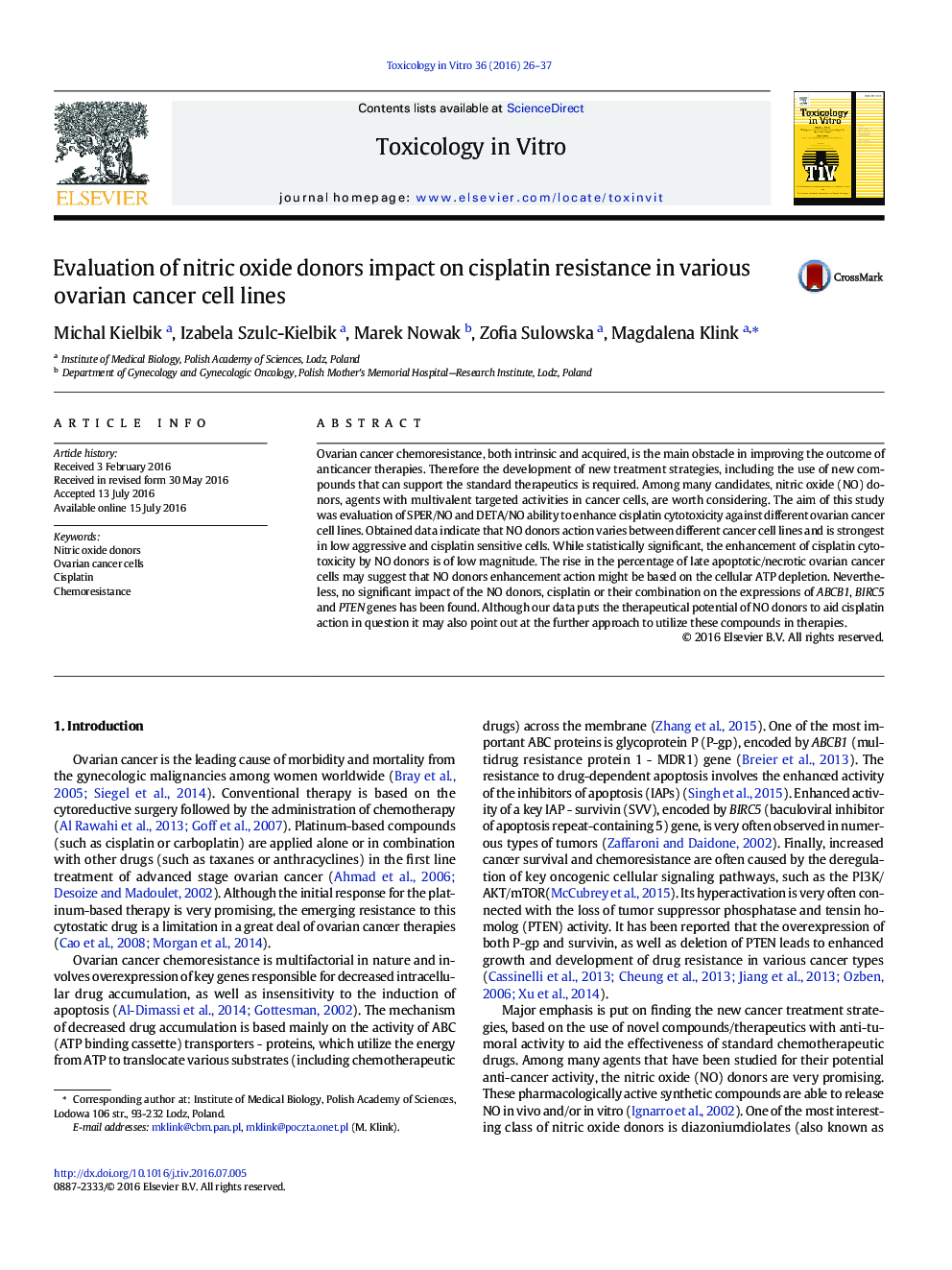 Evaluation of nitric oxide donors impact on cisplatin resistance in various ovarian cancer cell lines