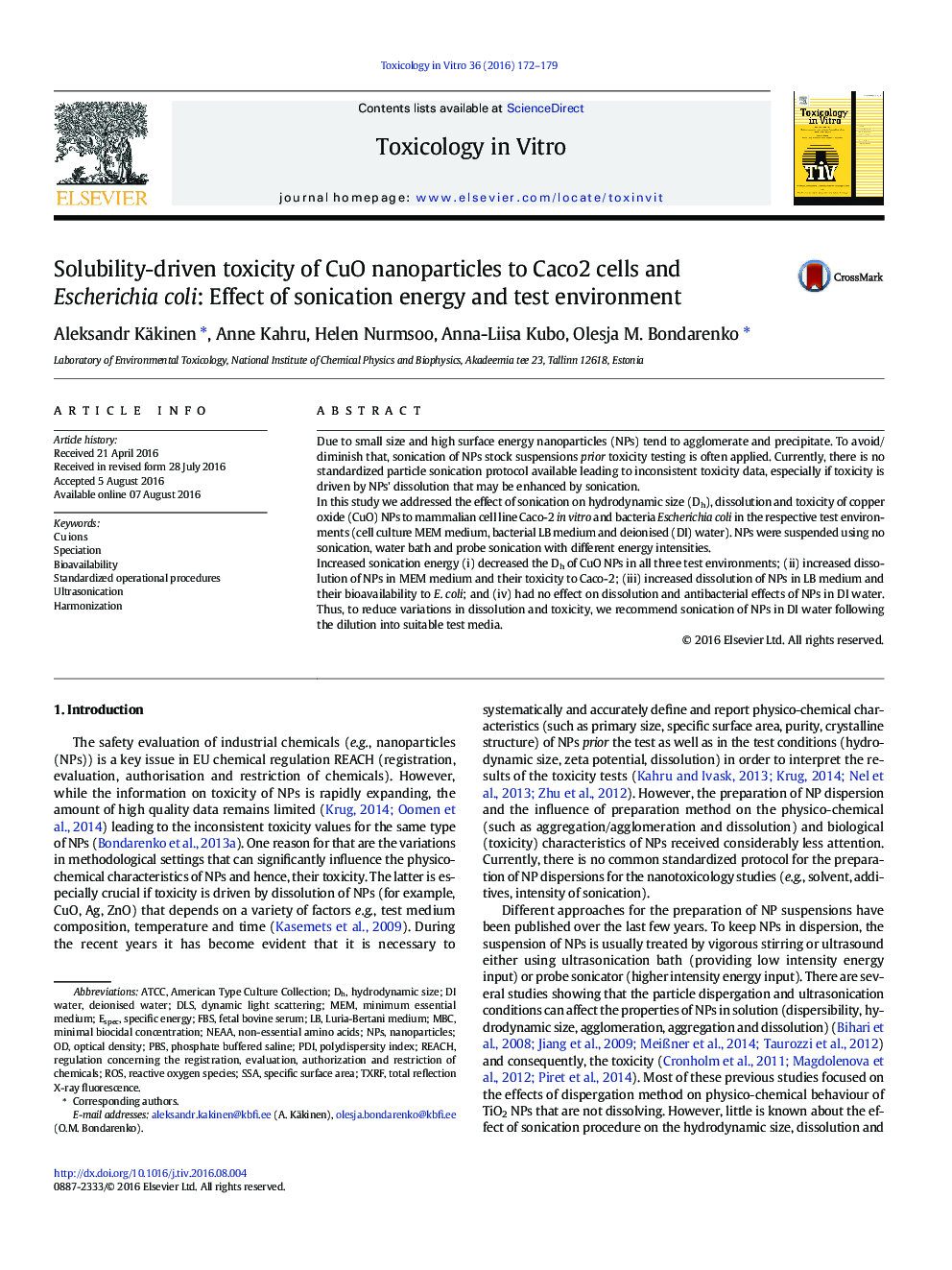 Solubility-driven toxicity of CuO nanoparticles to Caco2 cells and Escherichia coli: Effect of sonication energy and test environment