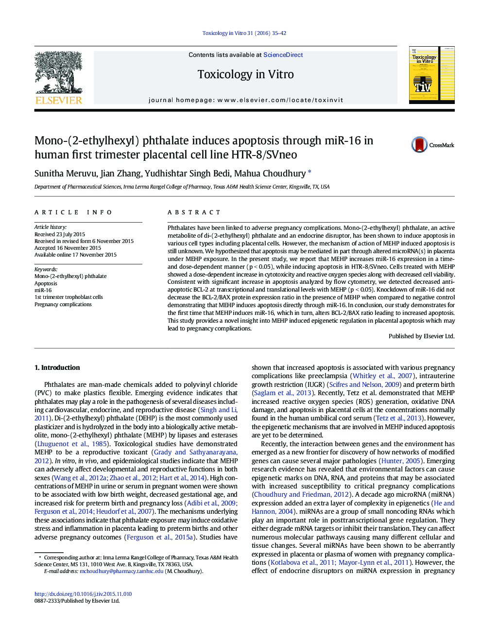 Mono-(2-ethylhexyl) phthalate induces apoptosis through miR-16 in human first trimester placental cell line HTR-8/SVneo