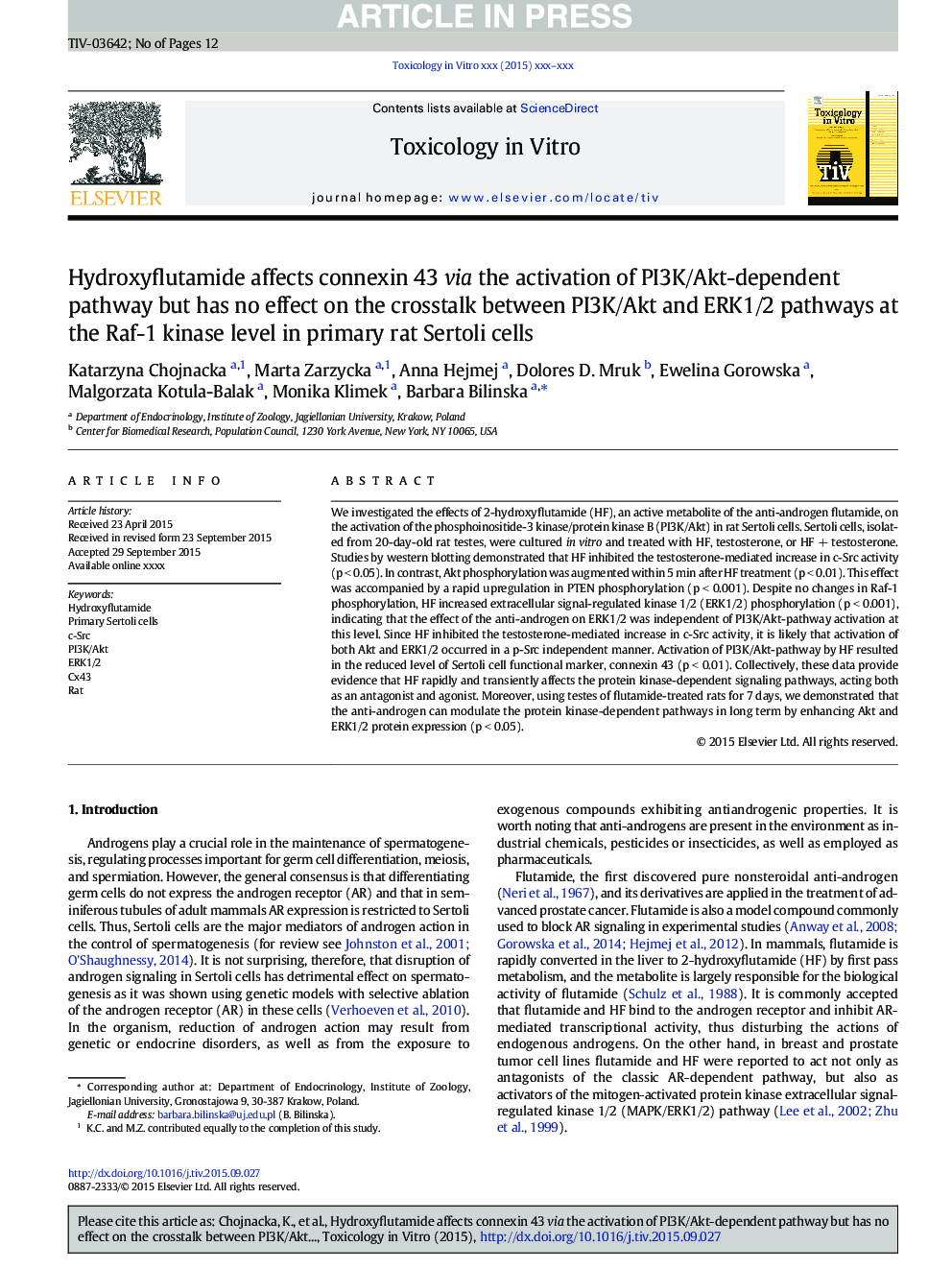 Hydroxyflutamide affects connexin 43 via the activation of PI3K/Akt-dependent pathway but has no effect on the crosstalk between PI3K/Akt and ERK1/2 pathways at the Raf-1 kinase level in primary rat Sertoli cells