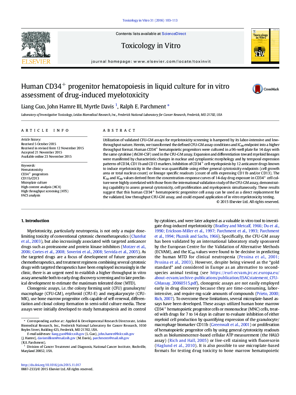 Human CD34+ progenitor hematopoiesis in liquid culture for in vitro assessment of drug-induced myelotoxicity