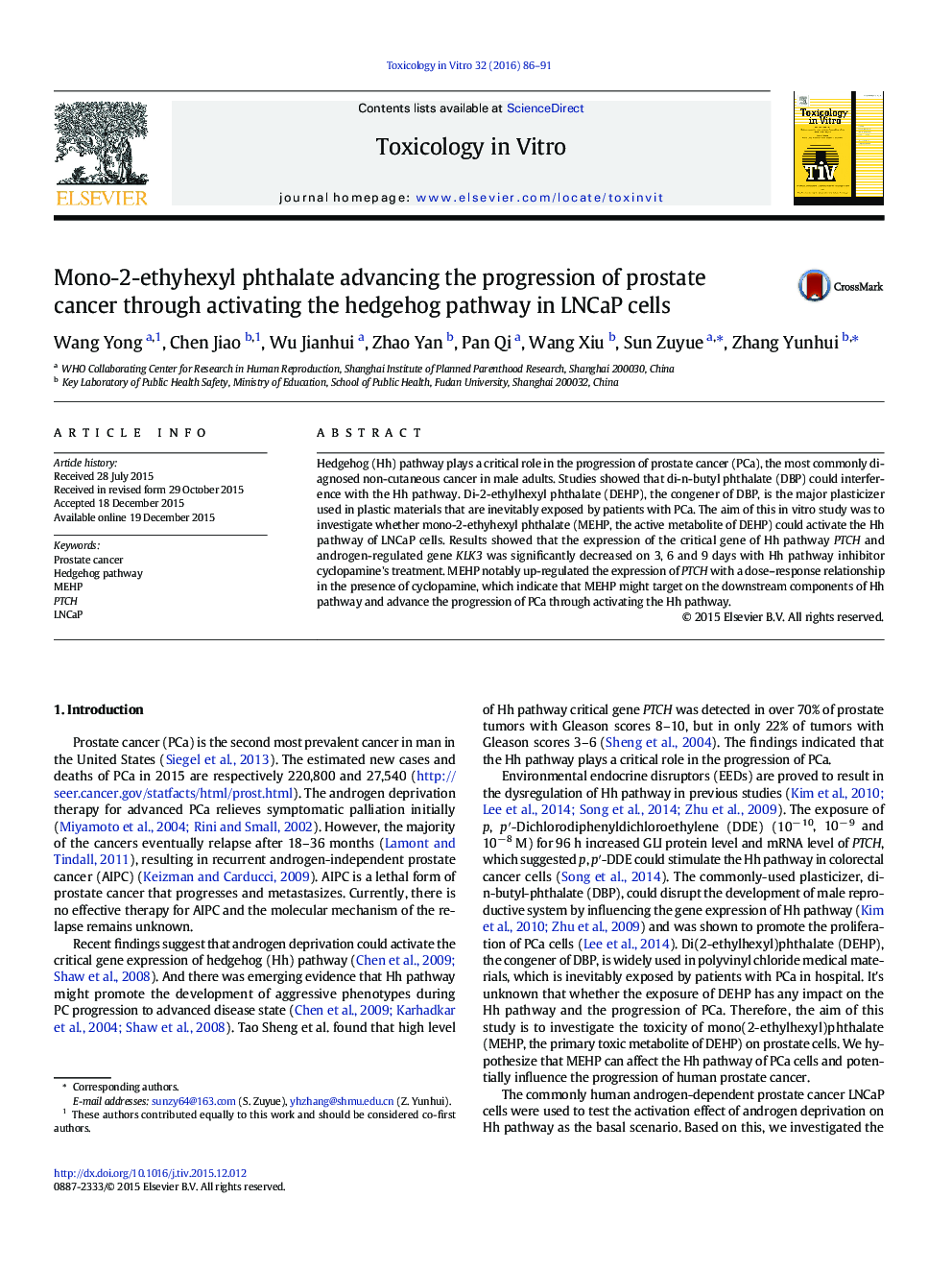 Mono-2-ethyhexyl phthalate advancing the progression of prostate cancer through activating the hedgehog pathway in LNCaP cells