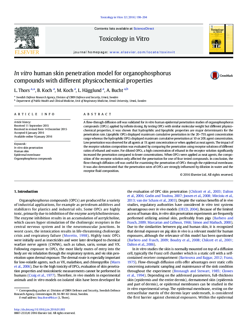 In vitro human skin penetration model for organophosphorus compounds with different physicochemical properties