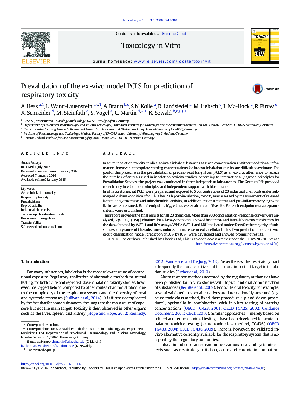 Prevalidation of the ex-vivo model PCLS for prediction of respiratory toxicity