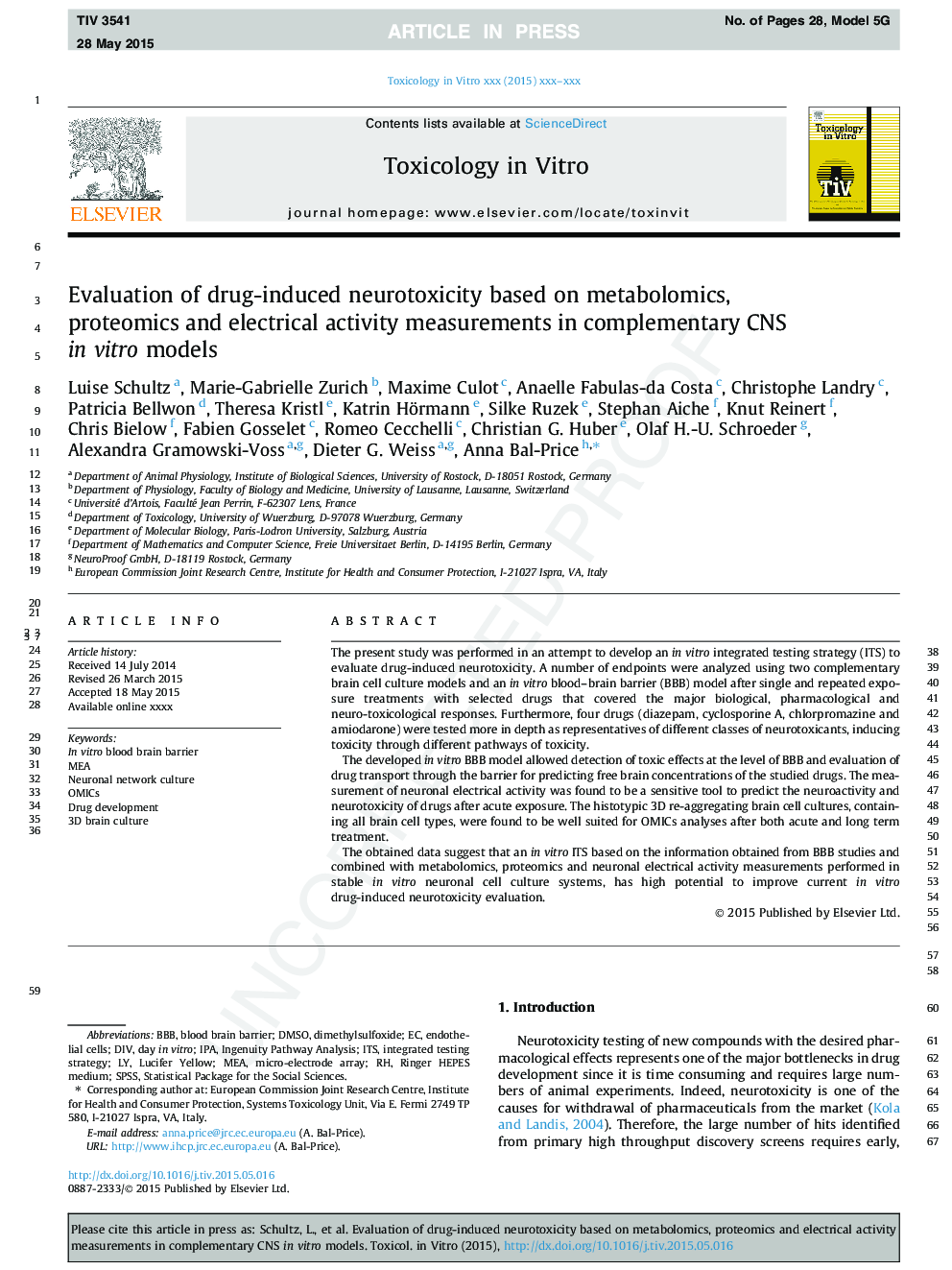 Evaluation of drug-induced neurotoxicity based on metabolomics, proteomics and electrical activity measurements in complementary CNS in vitro models