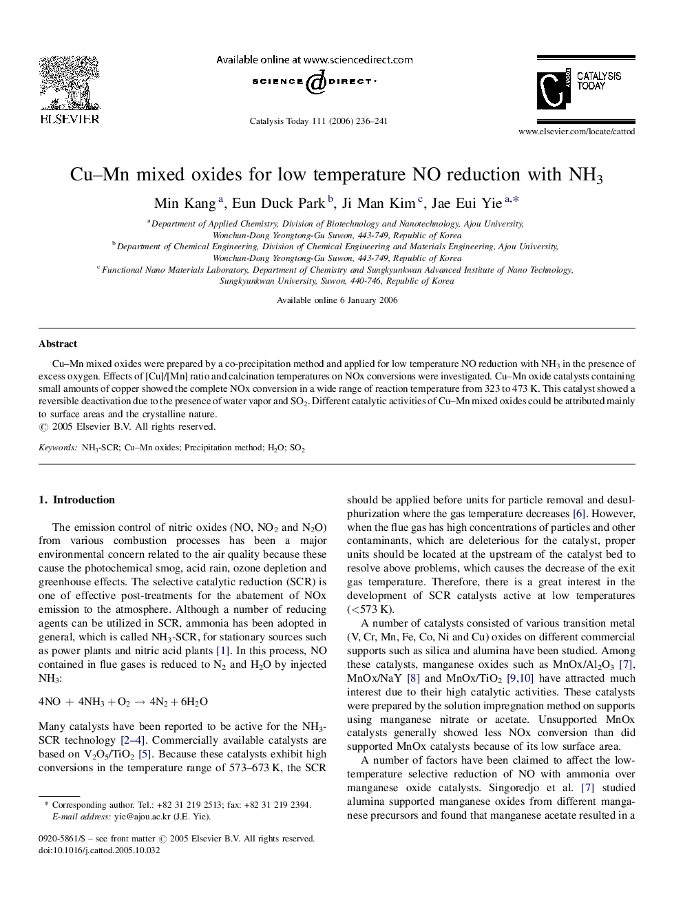 Cu–Mn mixed oxides for low temperature NO reduction with NH3