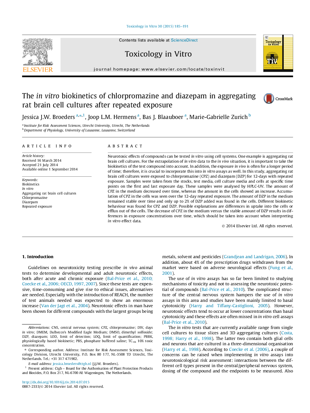 The in vitro biokinetics of chlorpromazine and diazepam in aggregating rat brain cell cultures after repeated exposure