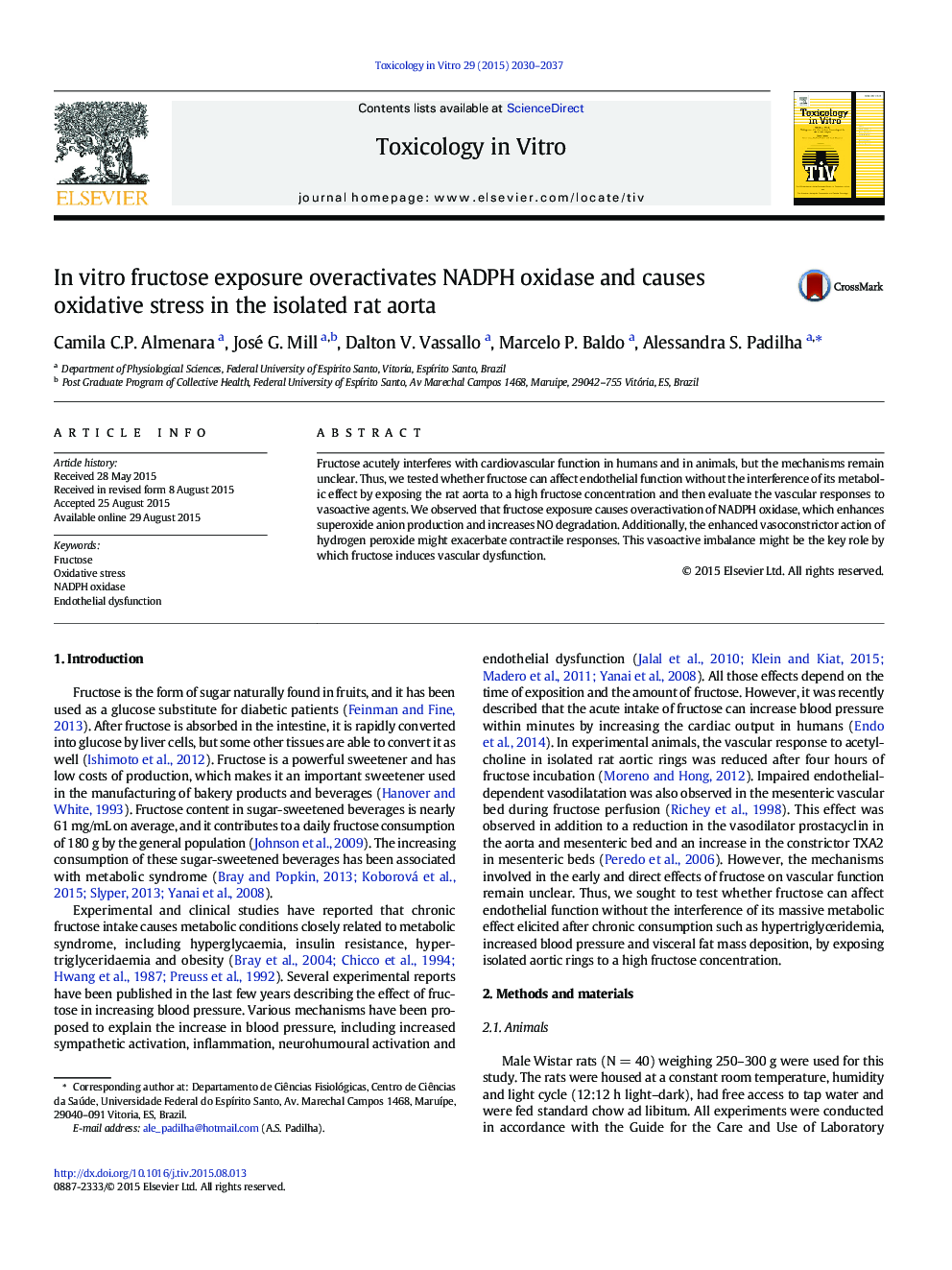 In vitro fructose exposure overactivates NADPH oxidase and causes oxidative stress in the isolated rat aorta