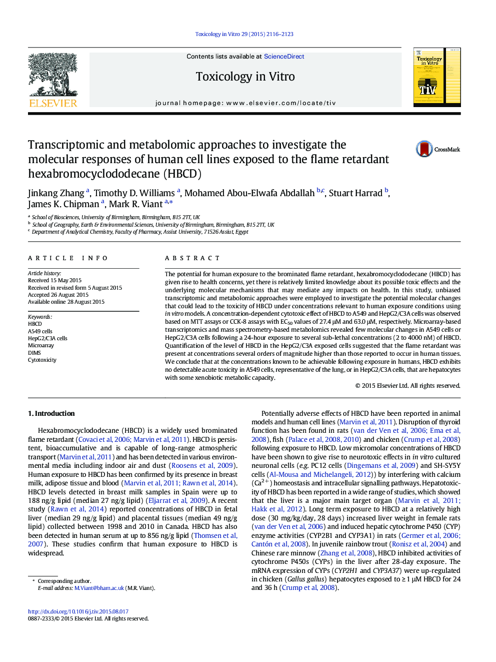 Transcriptomic and metabolomic approaches to investigate the molecular responses of human cell lines exposed to the flame retardant hexabromocyclododecane (HBCD)