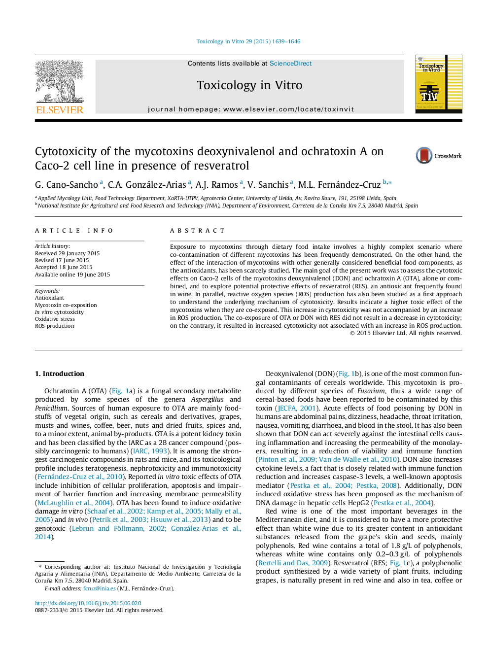 Cytotoxicity of the mycotoxins deoxynivalenol and ochratoxin A on Caco-2 cell line in presence of resveratrol