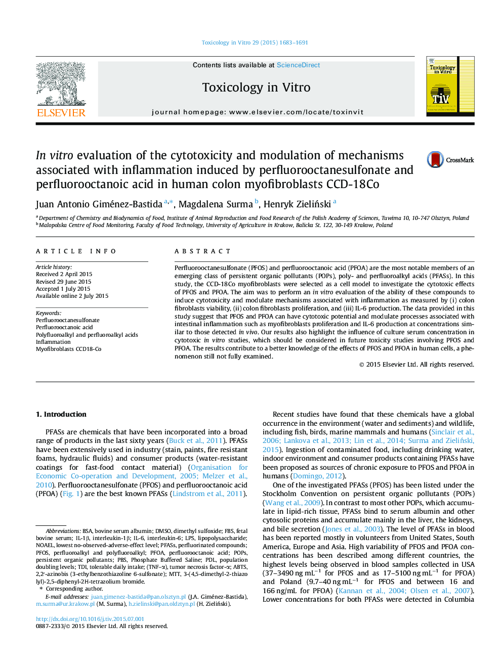 In vitro evaluation of the cytotoxicity and modulation of mechanisms associated with inflammation induced by perfluorooctanesulfonate and perfluorooctanoic acid in human colon myofibroblasts CCD-18Co