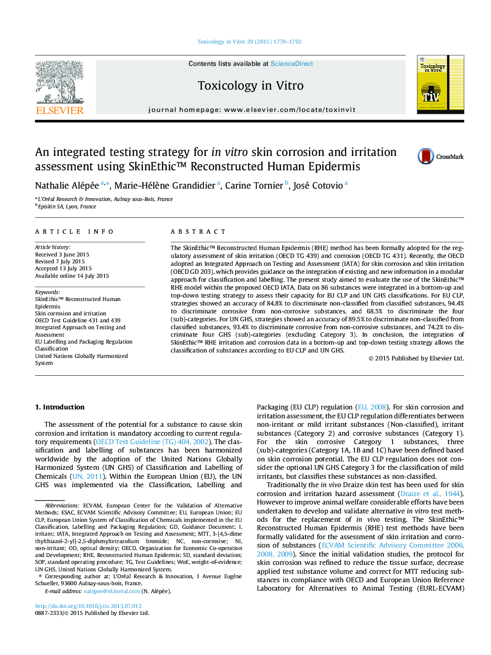 An integrated testing strategy for in vitro skin corrosion and irritation assessment using SkinEthicâ¢ Reconstructed Human Epidermis