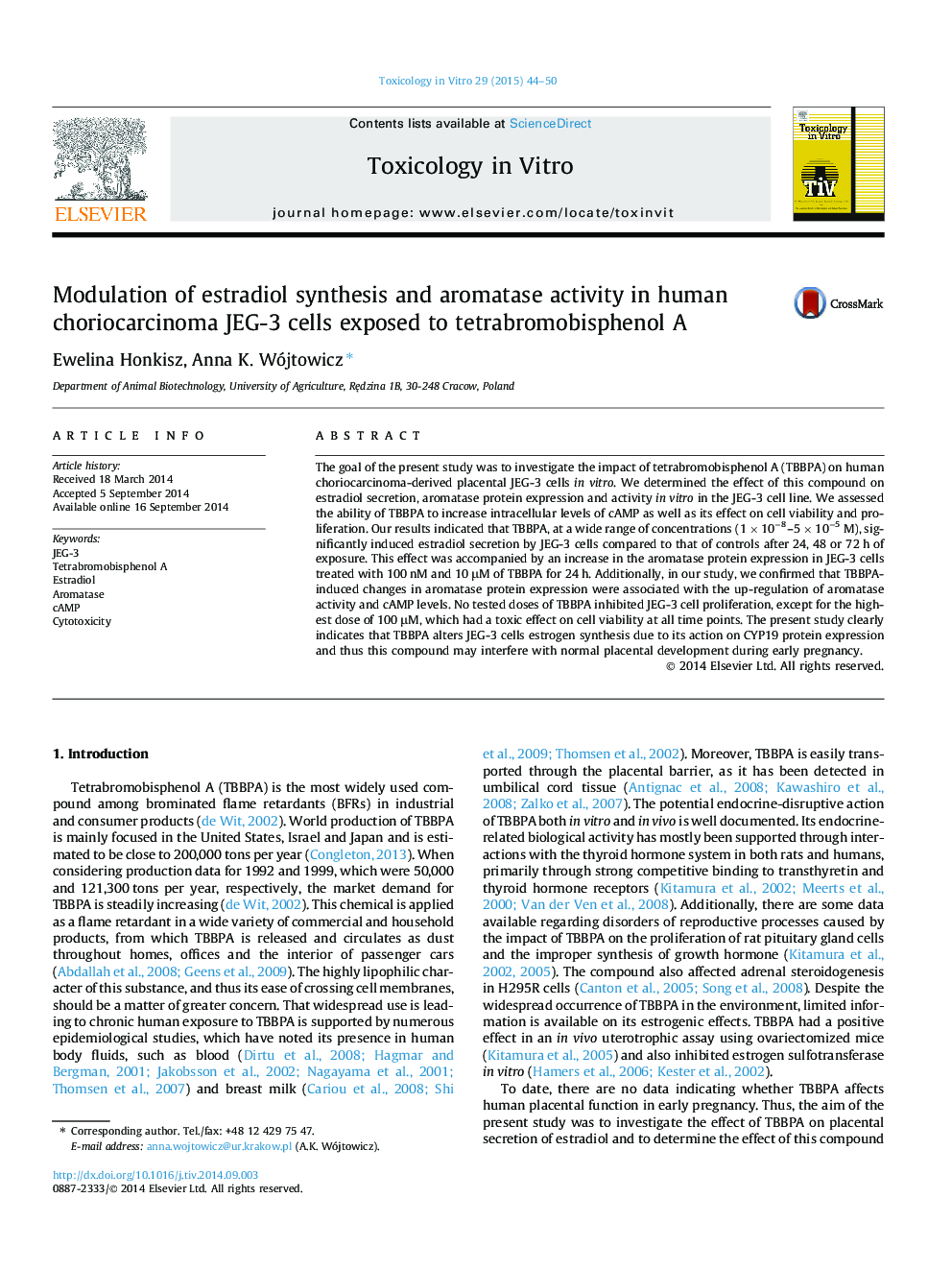 Modulation of estradiol synthesis and aromatase activity in human choriocarcinoma JEG-3 cells exposed to tetrabromobisphenol A