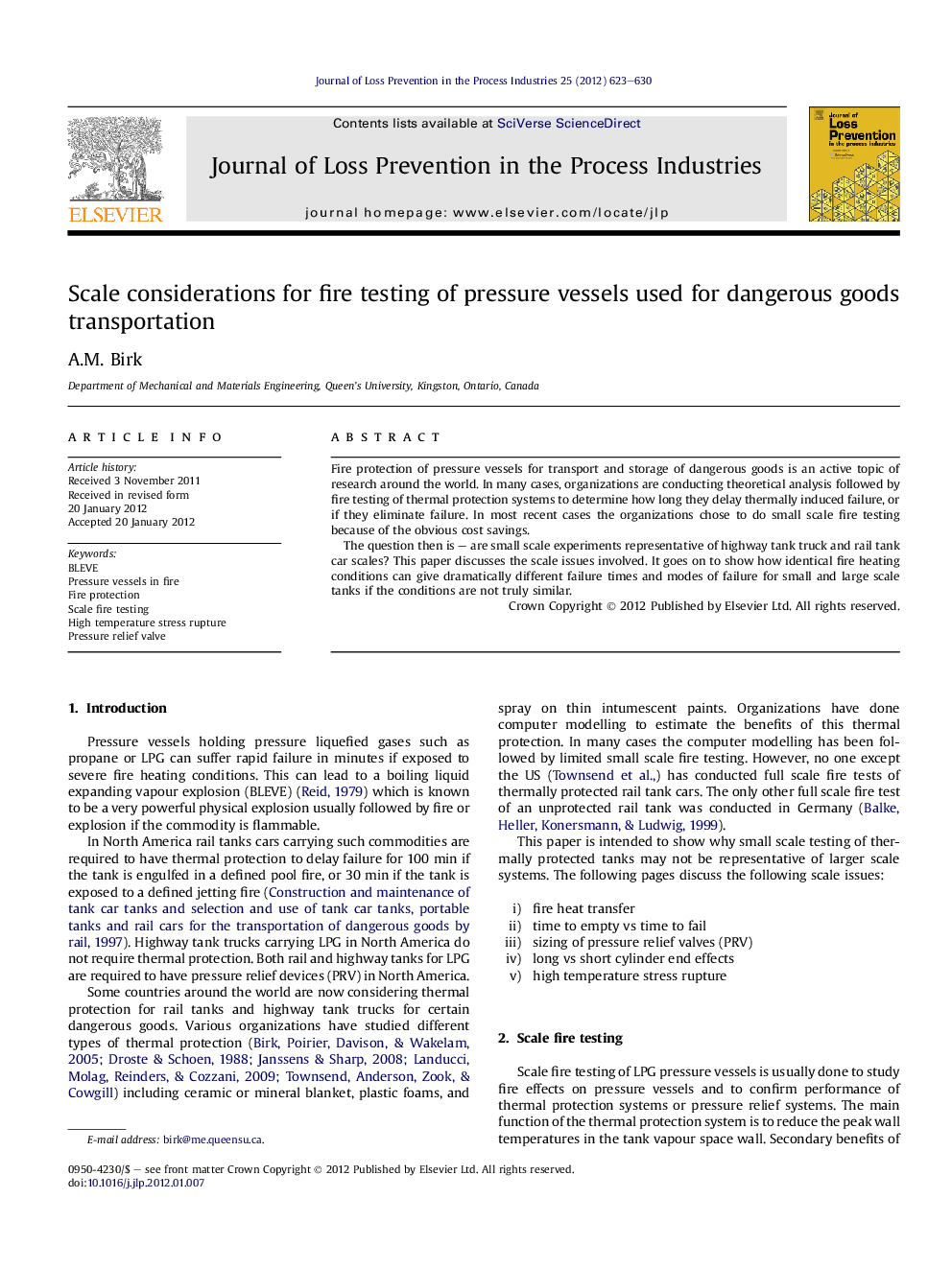 Scale considerations for fire testing of pressure vessels used for dangerous goods transportation