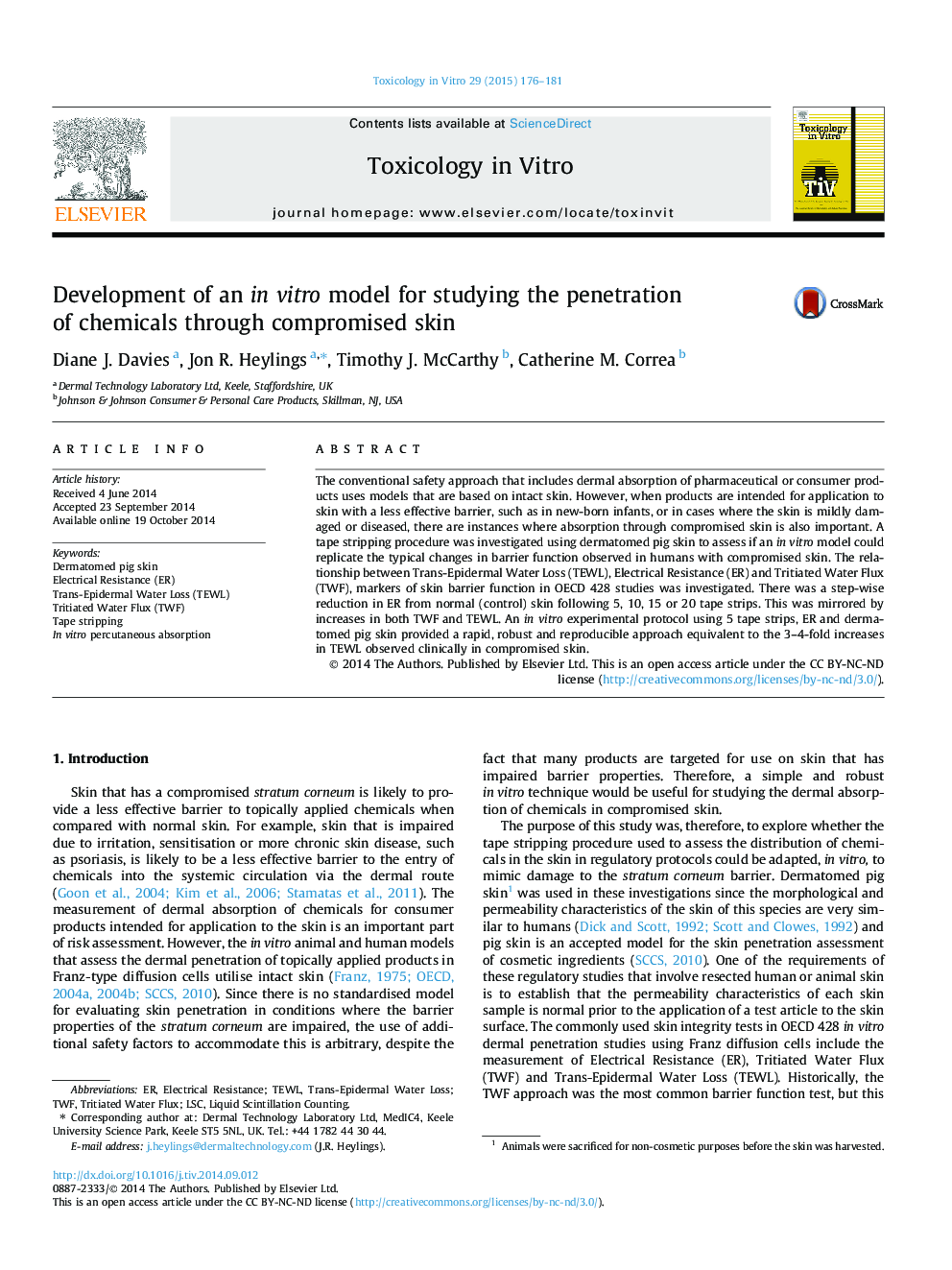 Development of an in vitro model for studying the penetration of chemicals through compromised skin