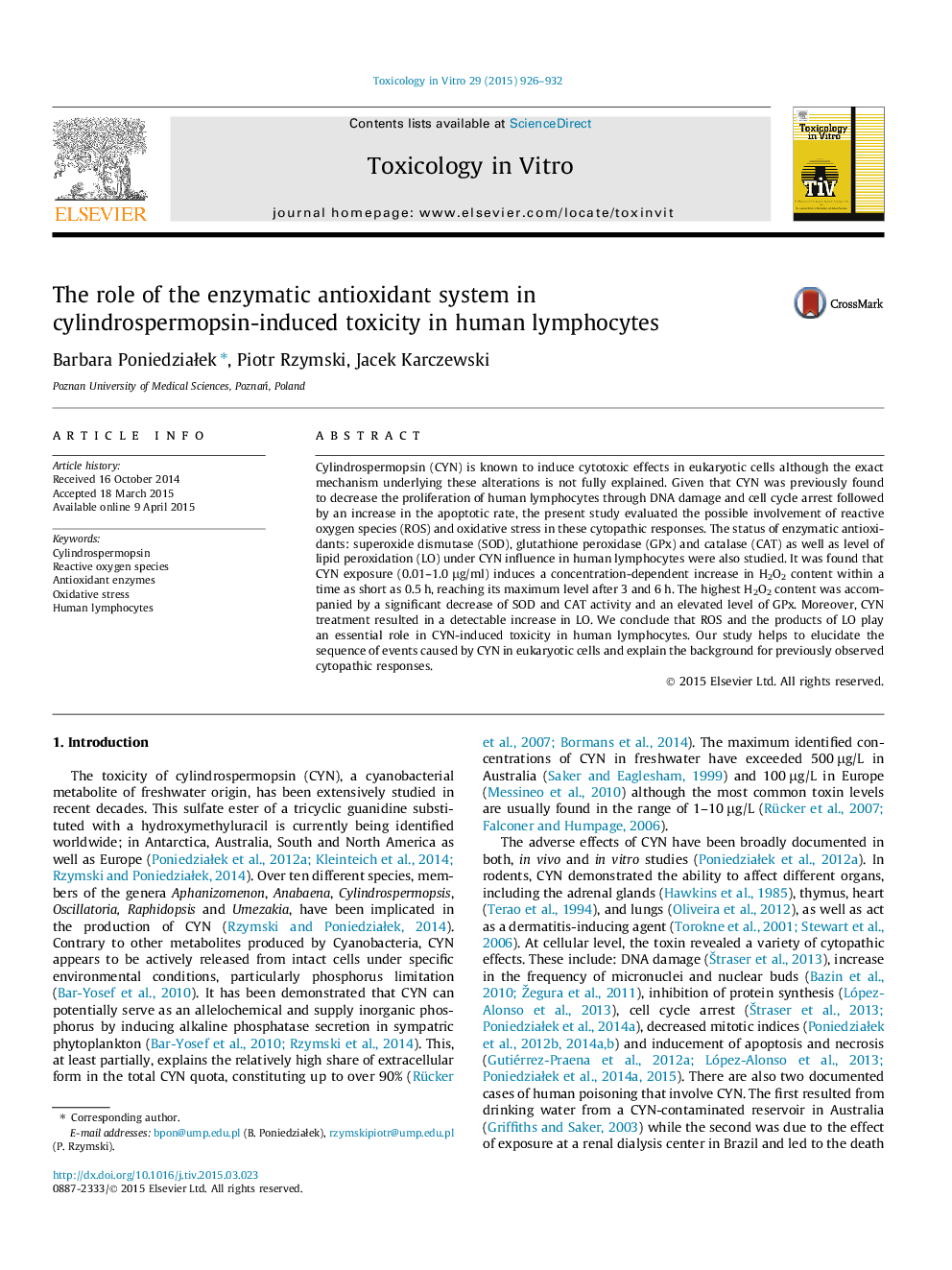 The role of the enzymatic antioxidant system in cylindrospermopsin-induced toxicity in human lymphocytes