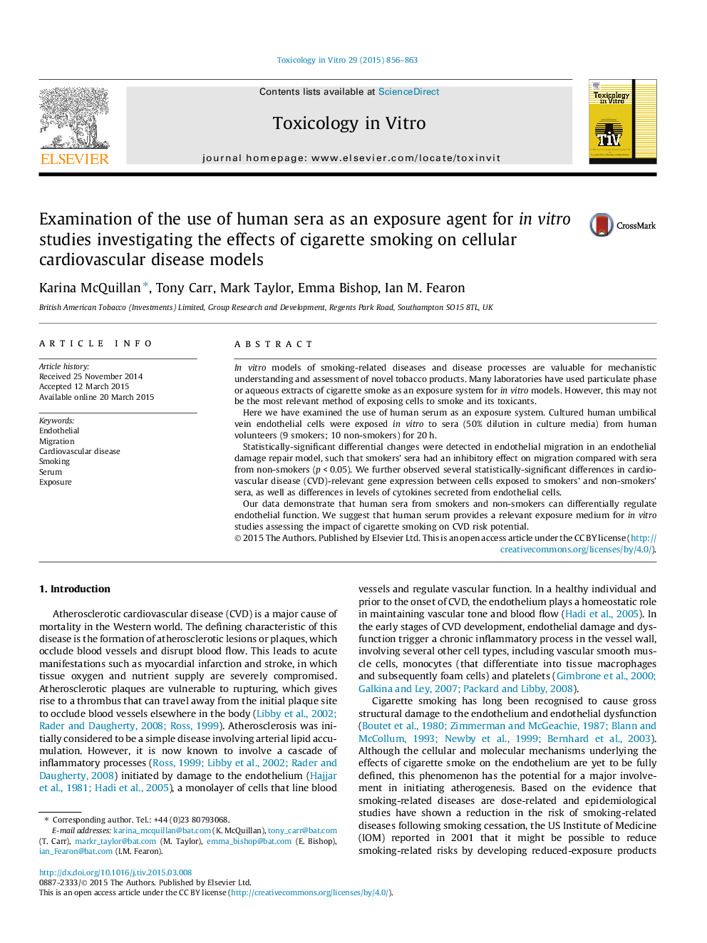 Examination of the use of human sera as an exposure agent for in vitro studies investigating the effects of cigarette smoking on cellular cardiovascular disease models