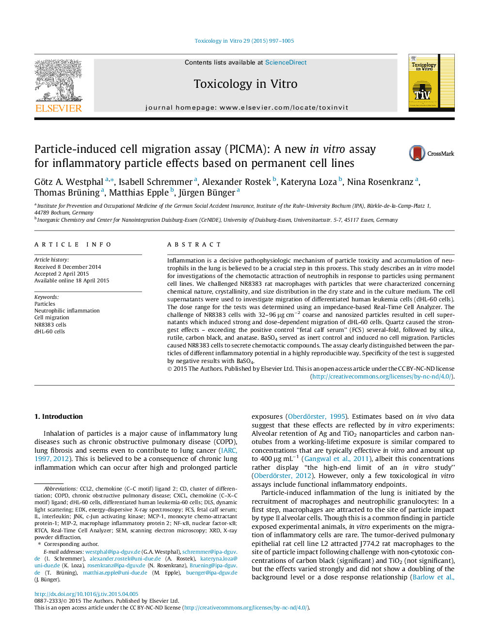 Particle-induced cell migration assay (PICMA): A new in vitro assay for inflammatory particle effects based on permanent cell lines