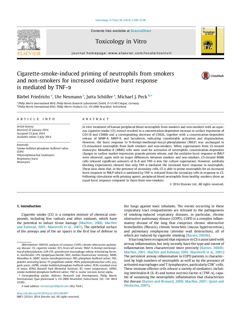 Cigarette-smoke-induced priming of neutrophils from smokers and non-smokers for increased oxidative burst response is mediated by TNF-Î±