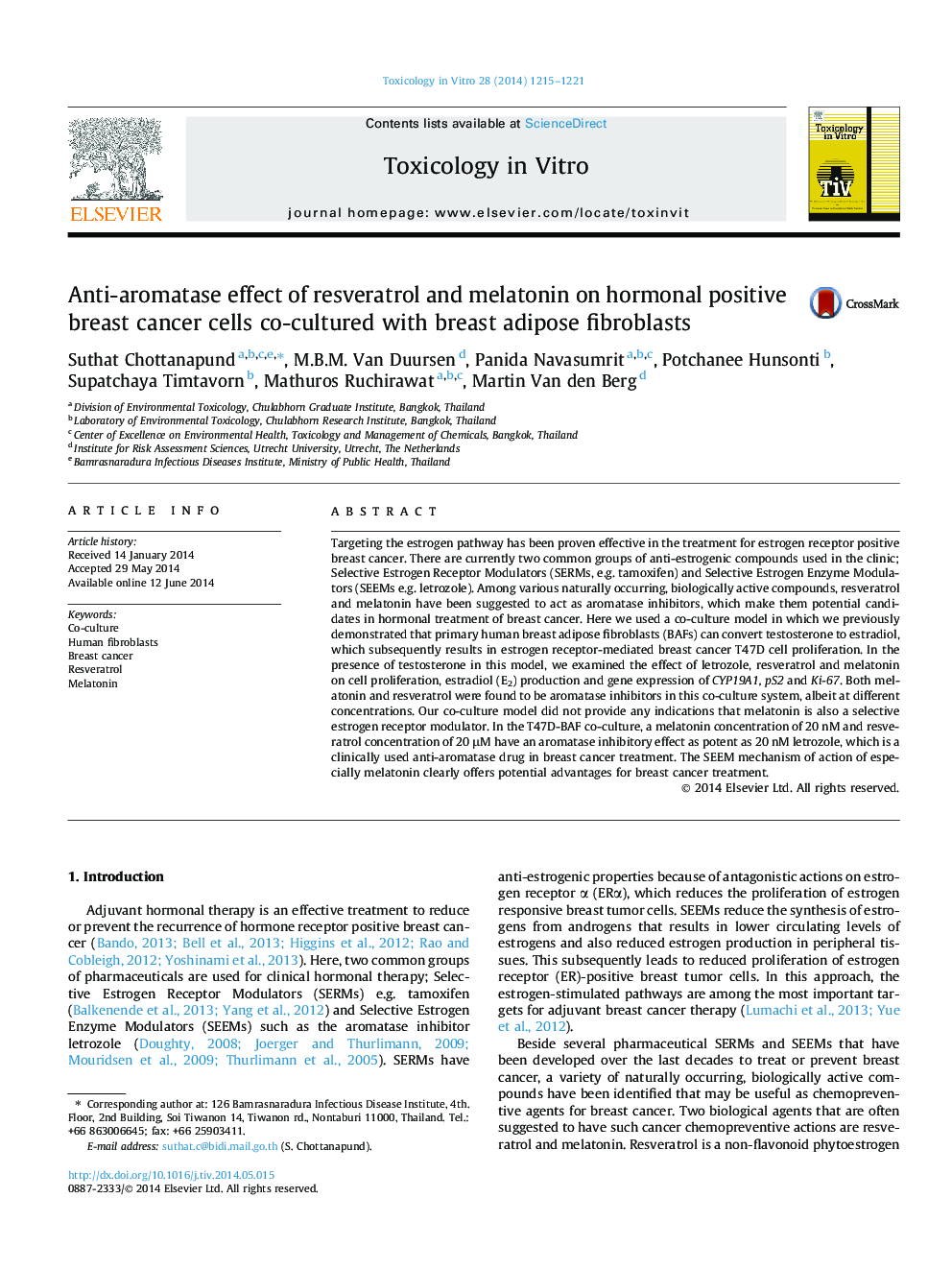 Anti-aromatase effect of resveratrol and melatonin on hormonal positive breast cancer cells co-cultured with breast adipose fibroblasts