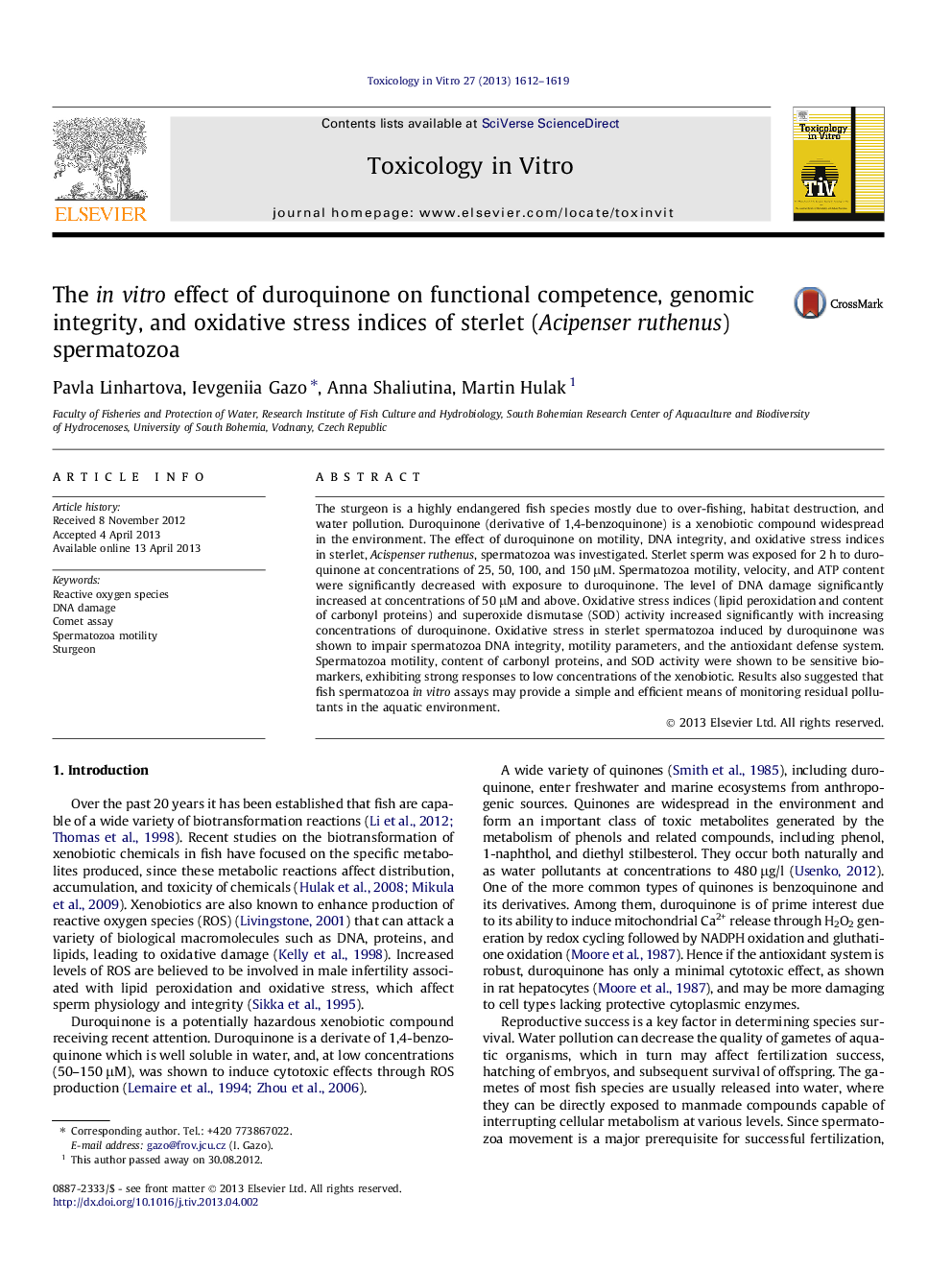 The in vitro effect of duroquinone on functional competence, genomic integrity, and oxidative stress indices of sterlet (Acipenser ruthenus) spermatozoa