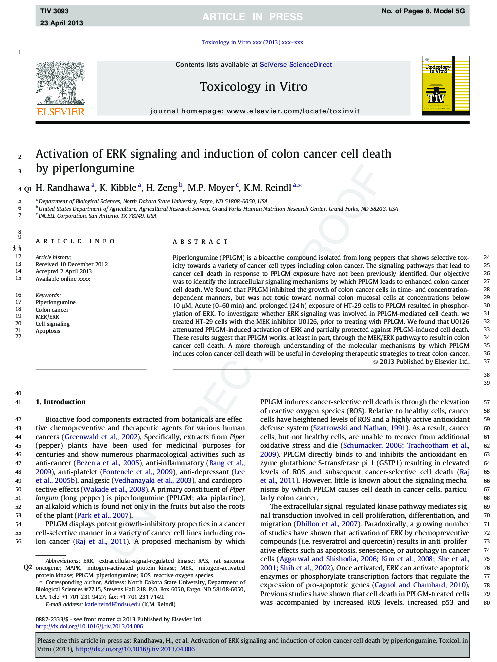 Activation of ERK signaling and induction of colon cancer cell death by piperlongumine