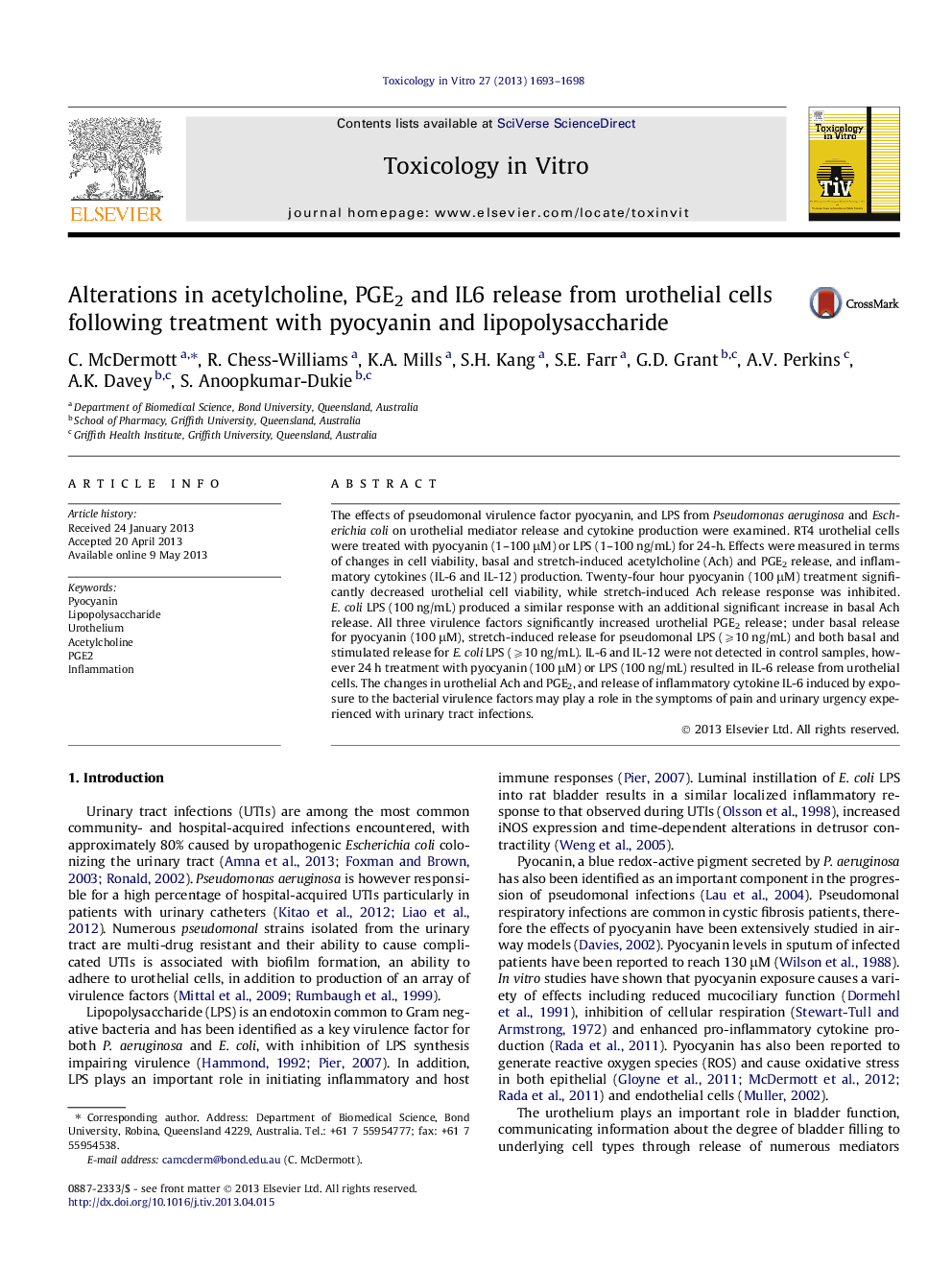 Alterations in acetylcholine, PGE2 and IL6 release from urothelial cells following treatment with pyocyanin and lipopolysaccharide