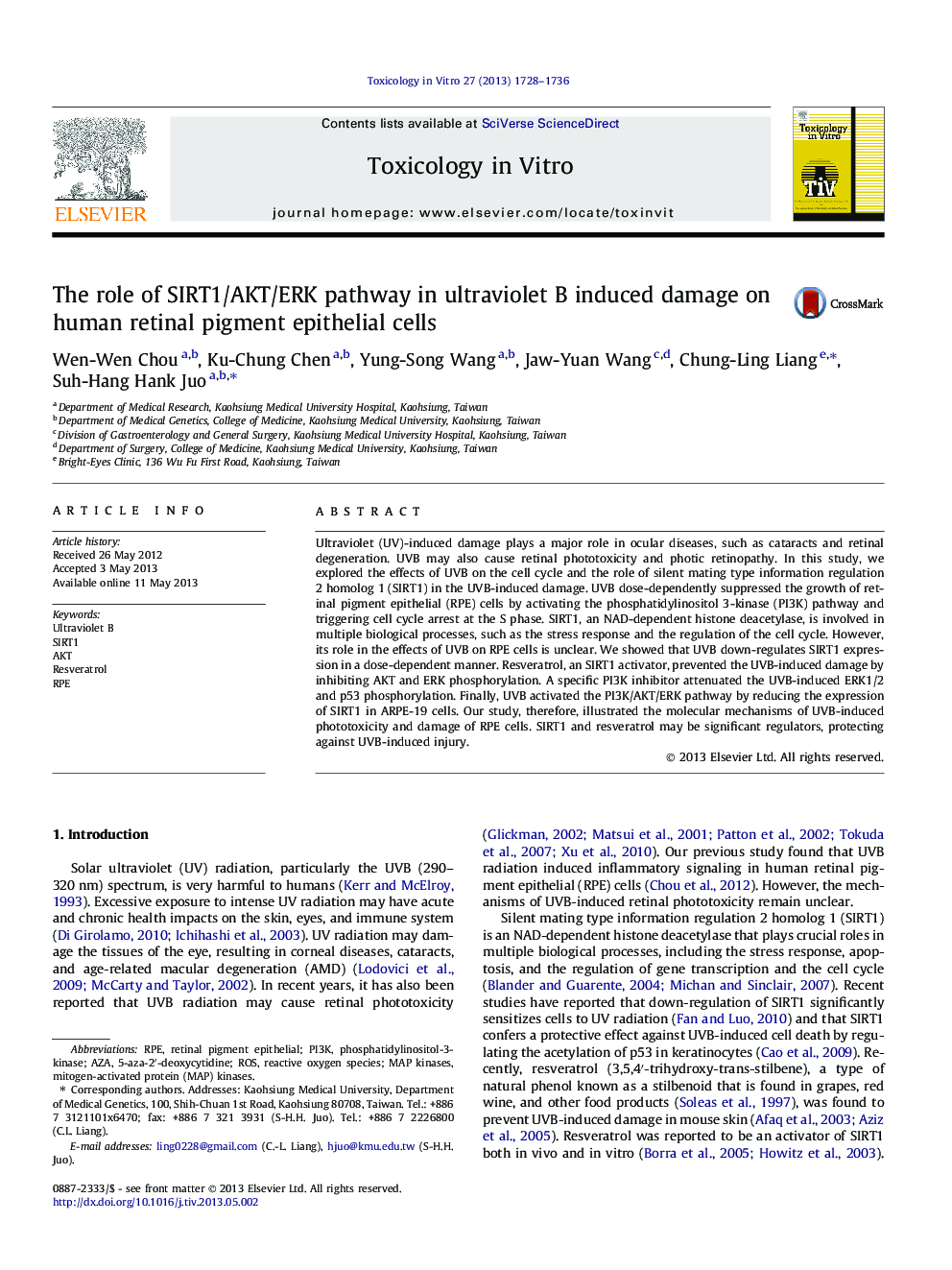 The role of SIRT1/AKT/ERK pathway in ultraviolet B induced damage on human retinal pigment epithelial cells