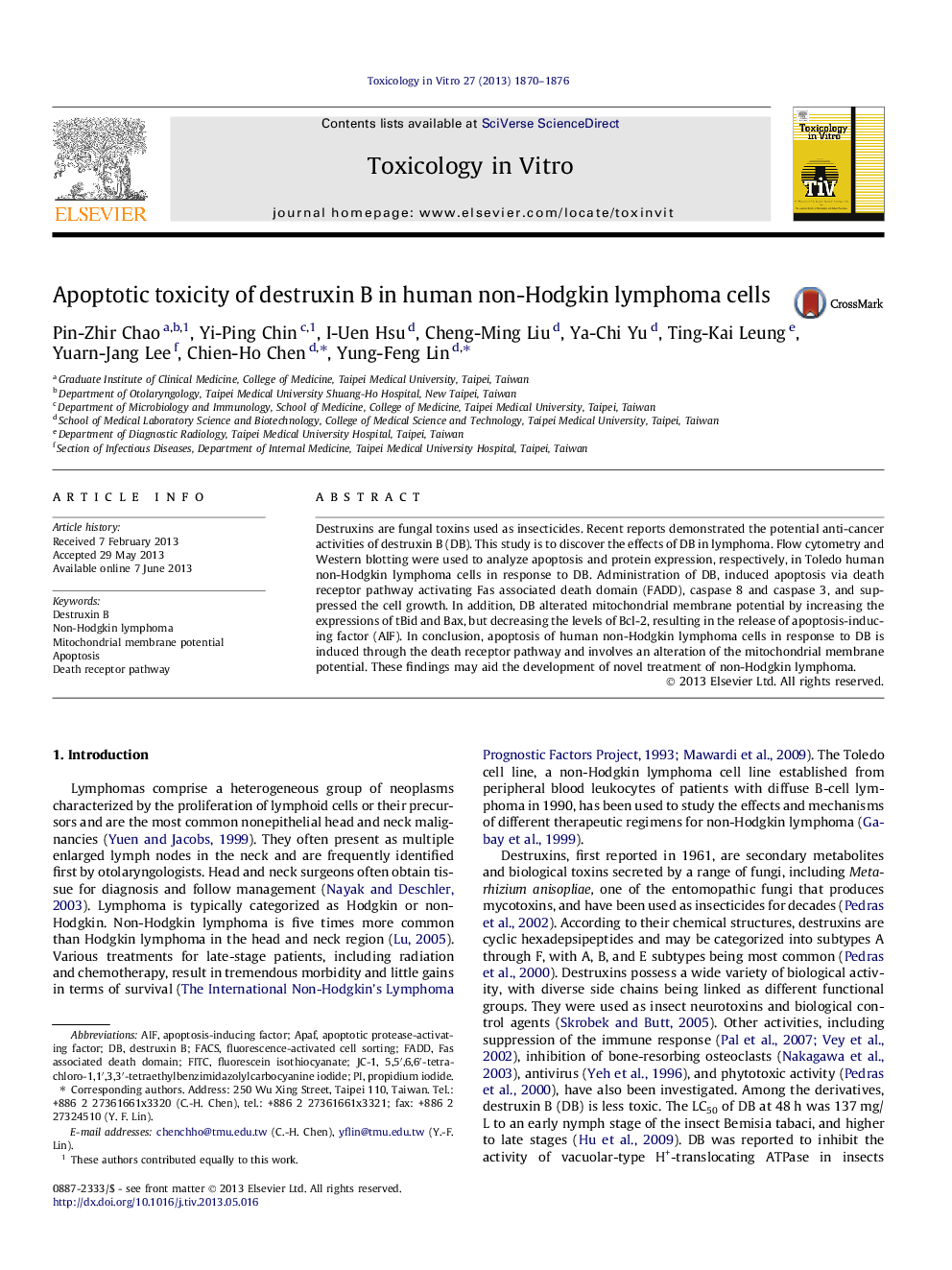 Apoptotic toxicity of destruxin B in human non-Hodgkin lymphoma cells