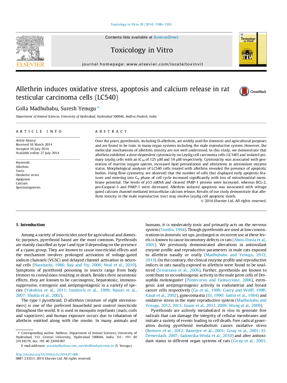 Allethrin induces oxidative stress, apoptosis and calcium release in rat testicular carcinoma cells (LC540)