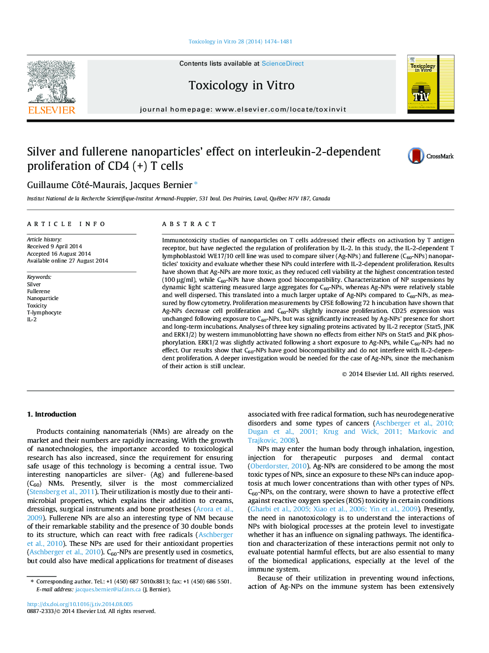 Silver and fullerene nanoparticles' effect on interleukin-2-dependent proliferation of CD4 (+) T cells