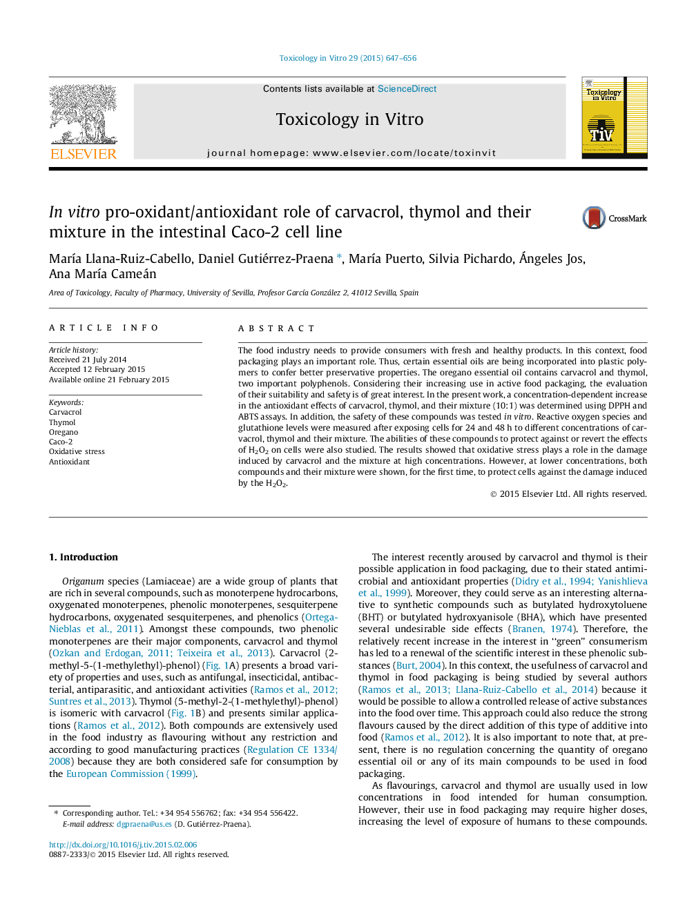 In vitro pro-oxidant/antioxidant role of carvacrol, thymol and their mixture in the intestinal Caco-2 cell line