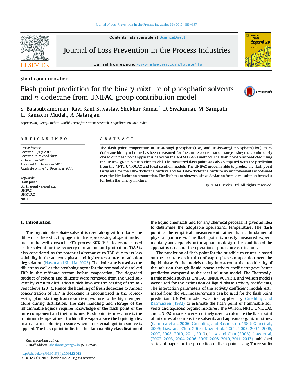 Flash point prediction for the binary mixture of phosphatic solvents and n-dodecane from UNIFAC group contribution model