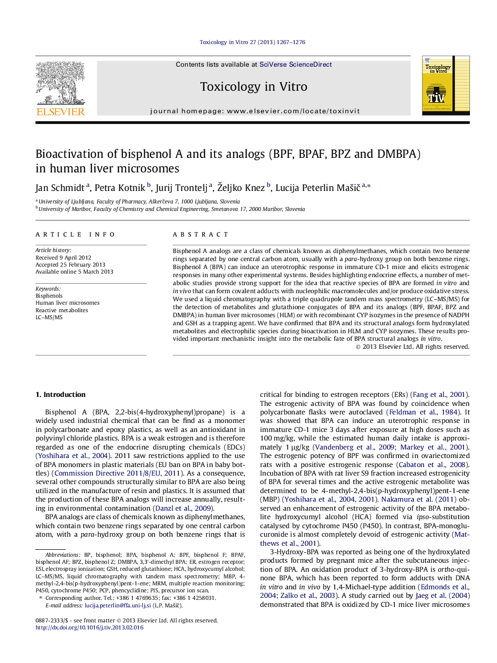 Bioactivation of bisphenol A and its analogs (BPF, BPAF, BPZ and DMBPA) in human liver microsomes