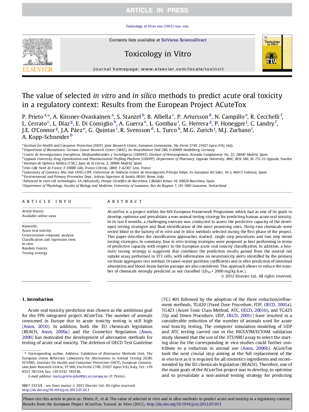 The value of selected in vitro and in silico methods to predict acute oral toxicity in a regulatory context: Results from the European Project ACuteTox