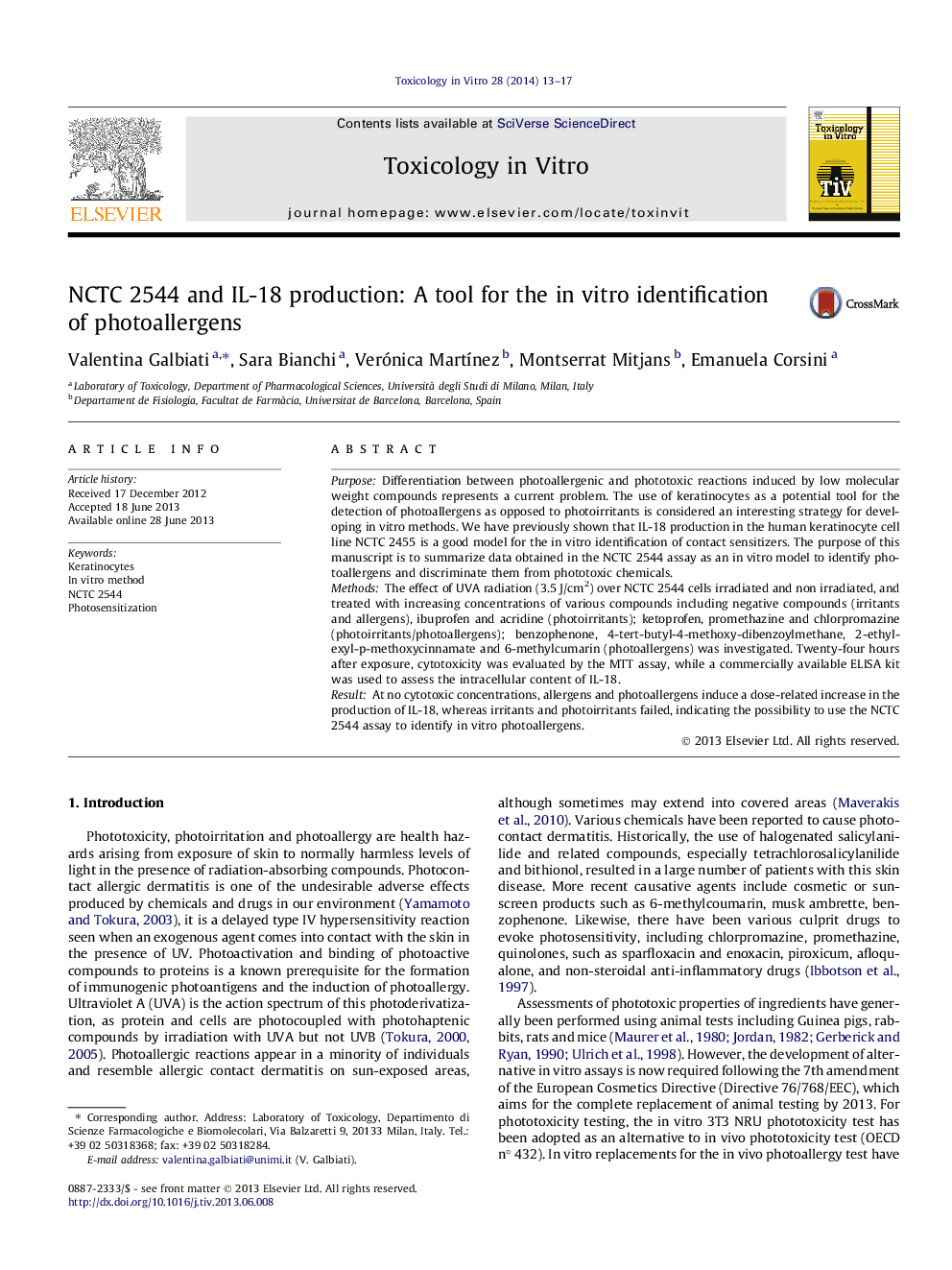 NCTC 2544 and IL-18 production: A tool for the in vitro identification of photoallergens