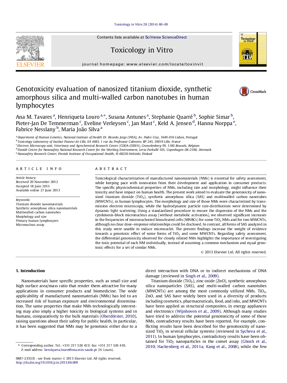 Genotoxicity evaluation of nanosized titanium dioxide, synthetic amorphous silica and multi-walled carbon nanotubes in human lymphocytes