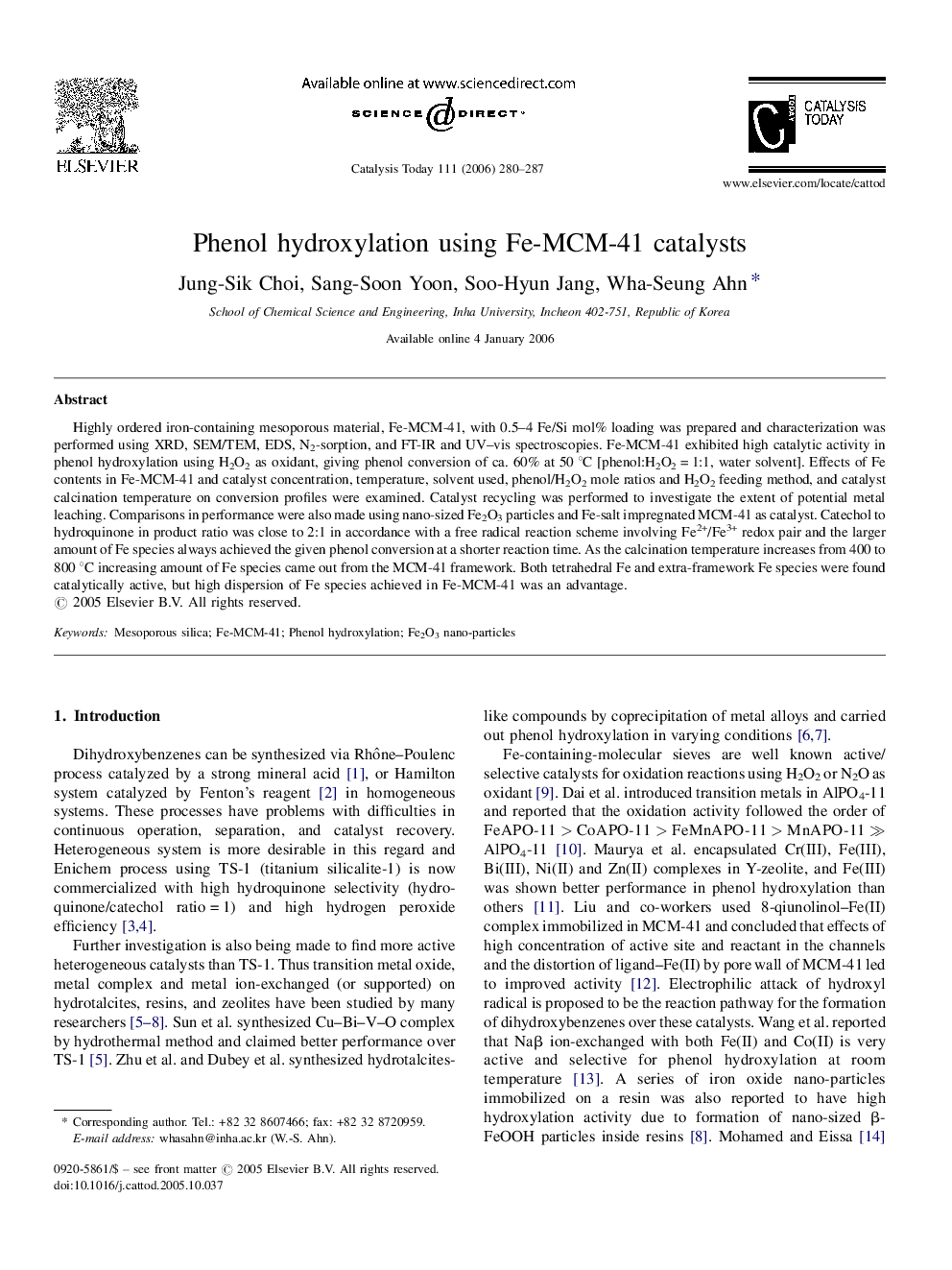 Phenol hydroxylation using Fe-MCM-41 catalysts